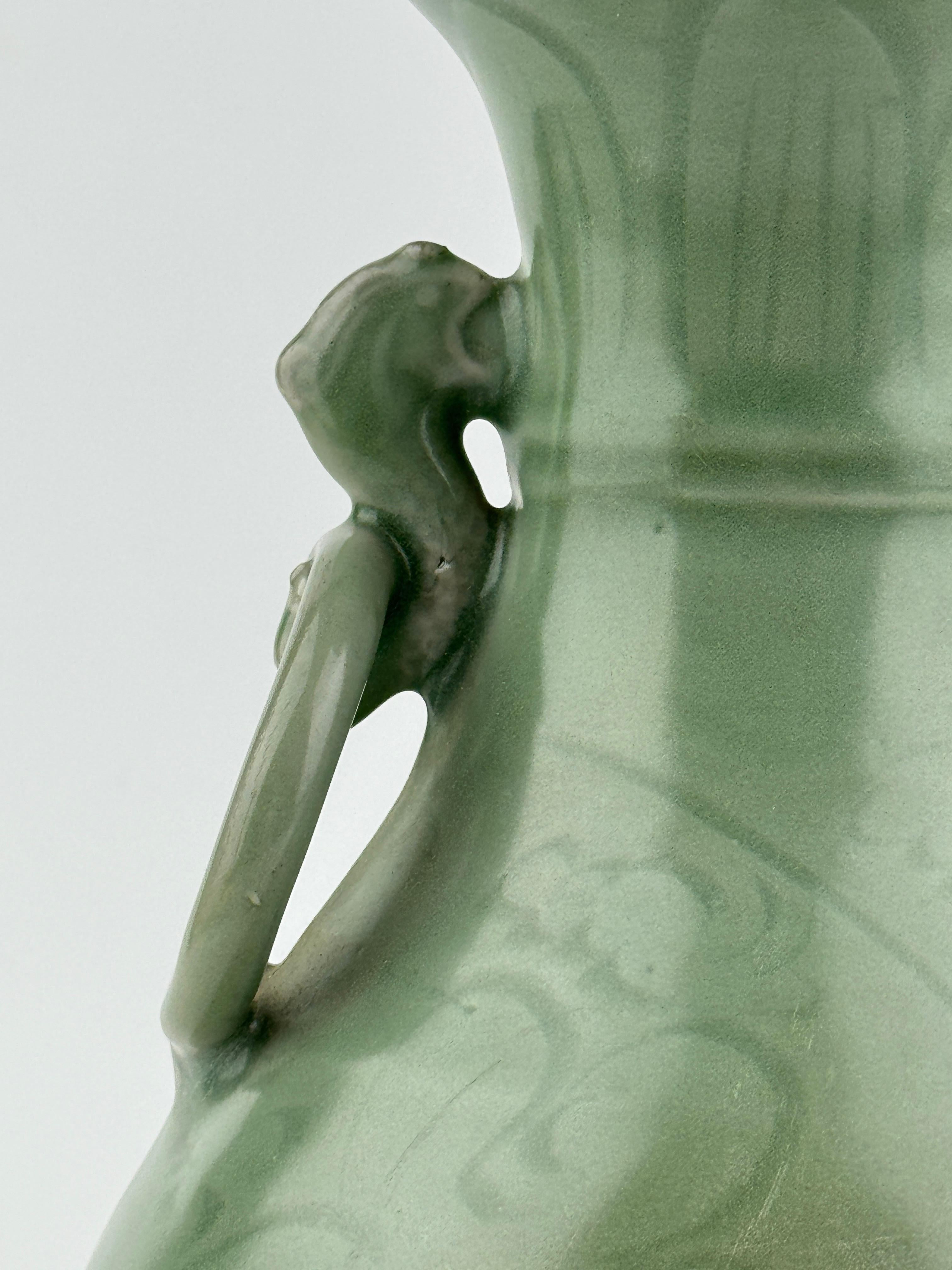 18th Century and Earlier Carved Longquan Celadon Vase, Yuan-Ming Dynasty For Sale