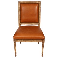 Carved Louis XVI Style Square Back Gilt and Leather Chair