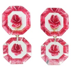 Carved Lucite Rose Optical Illusion Earrings, 1950
s