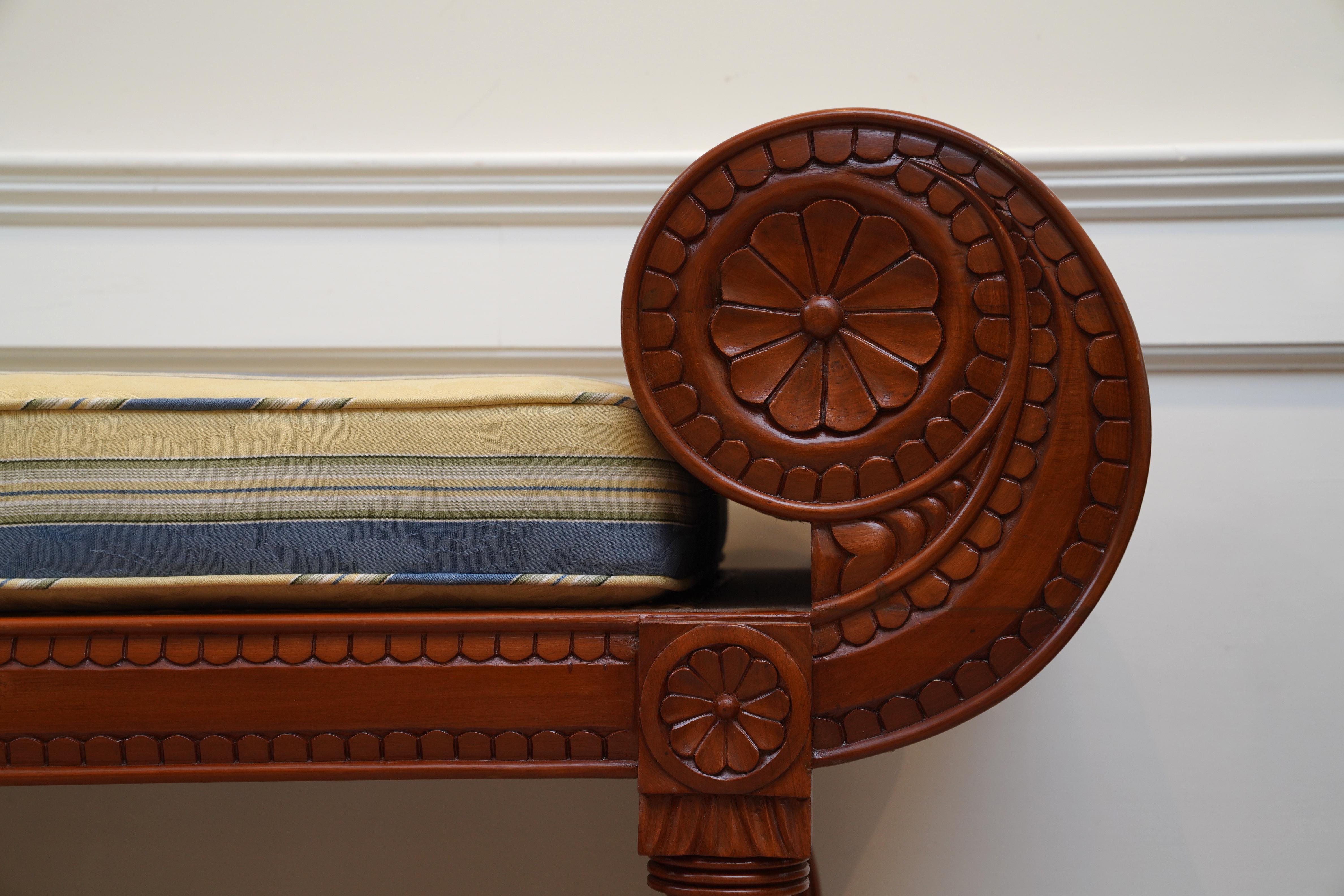 Carved Mahogany and Caned Recamier or Daybed with Cushion In Good Condition For Sale In Nantucket, MA