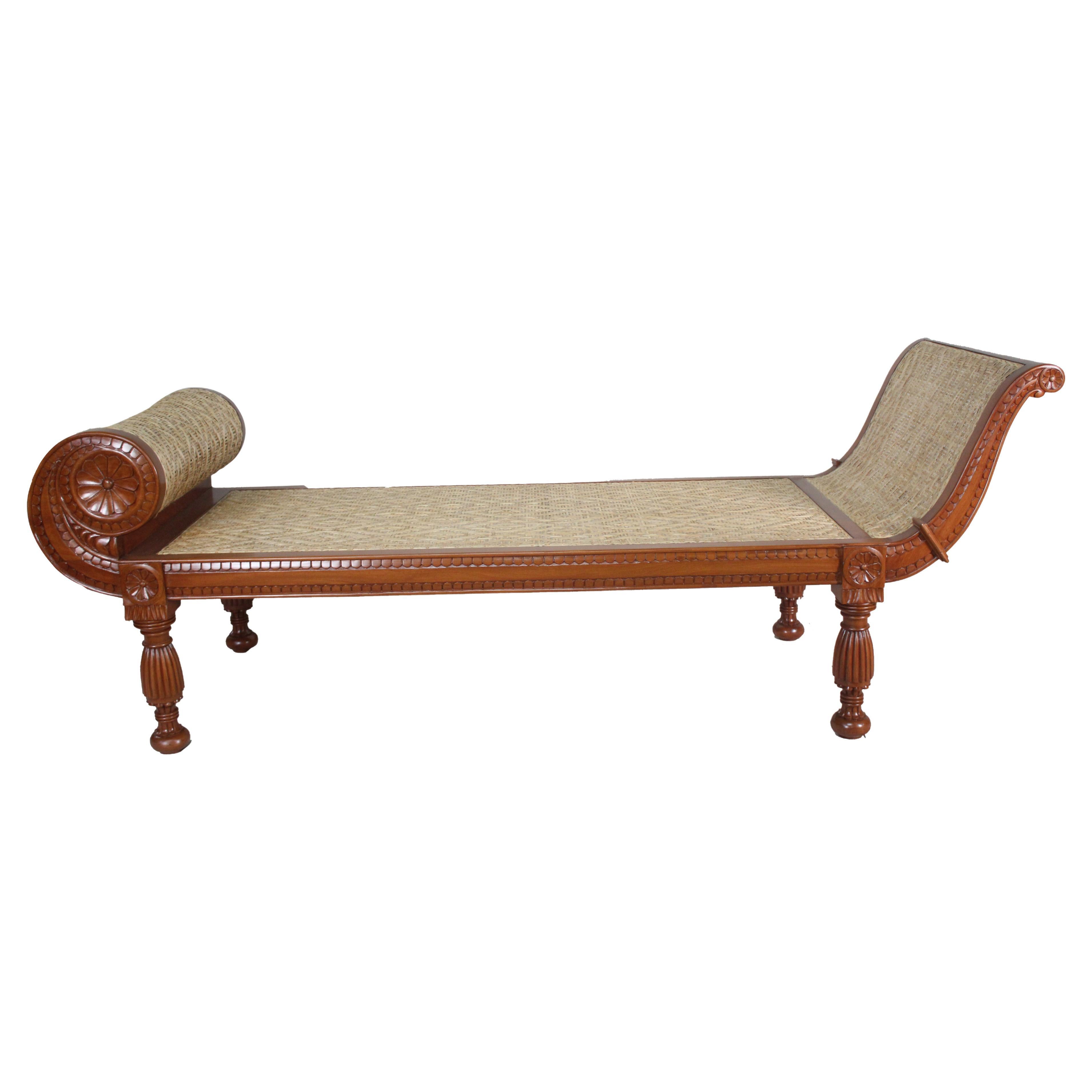 Carved Mahogany and Caned Recamier or Daybed with Cushion