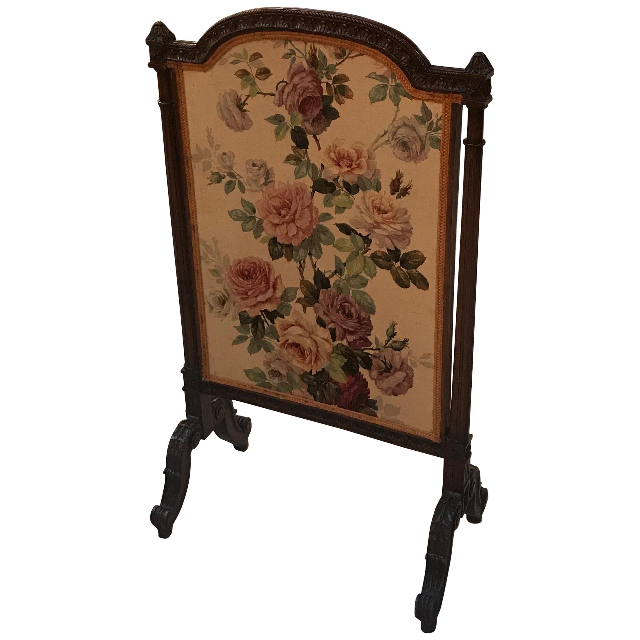 19th Century Carved Mahogany and Floral Linen Fire Screen