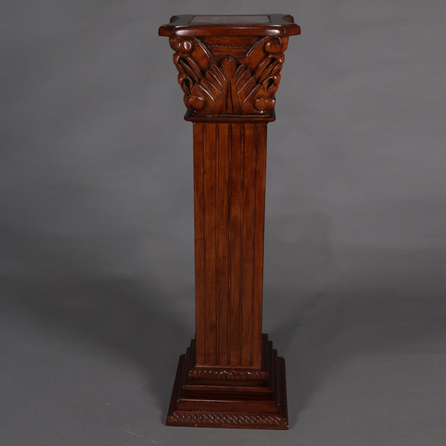Carved Mahogany and Marble Corinthian Column Sculpture Display Pedestal 1