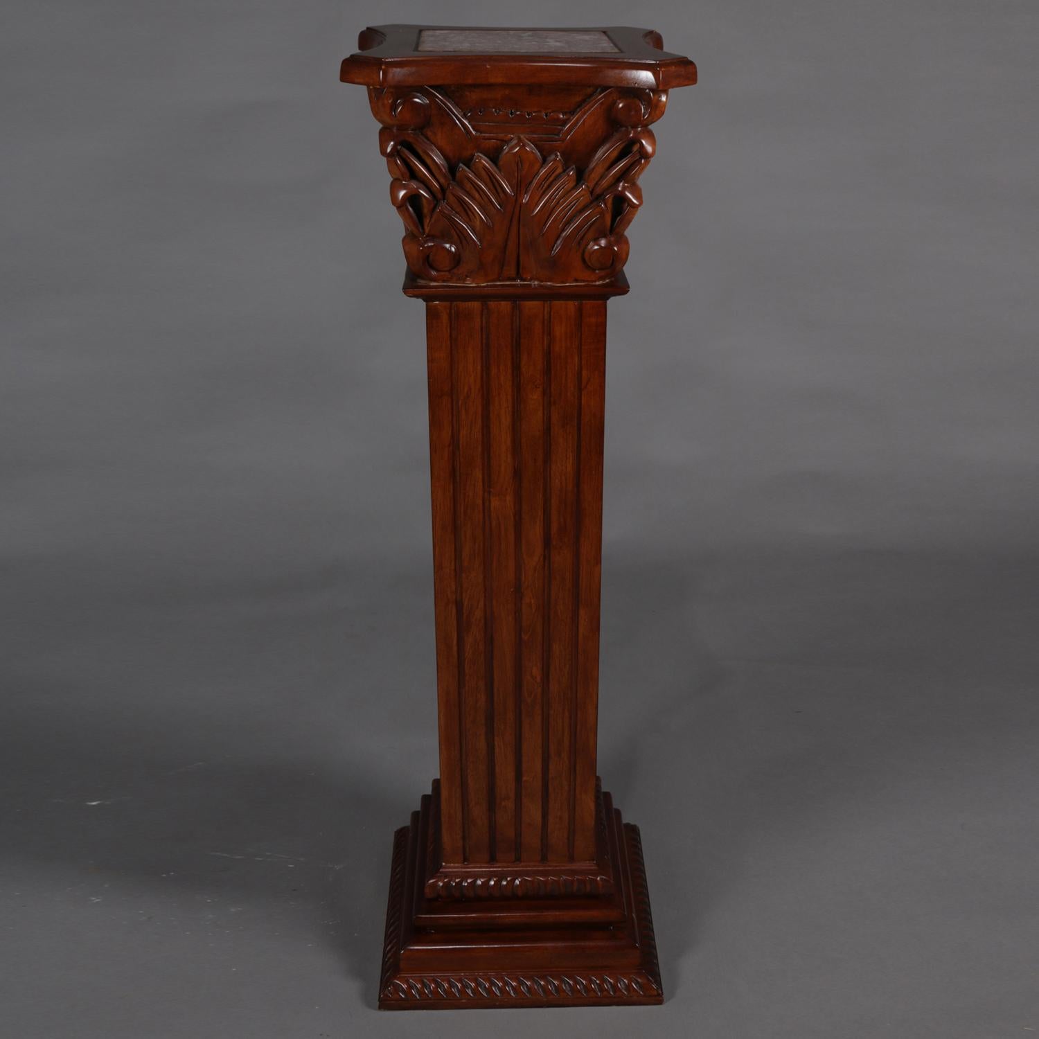 Carved Mahogany and Marble Corinthian Column Sculpture Display Pedestal 3