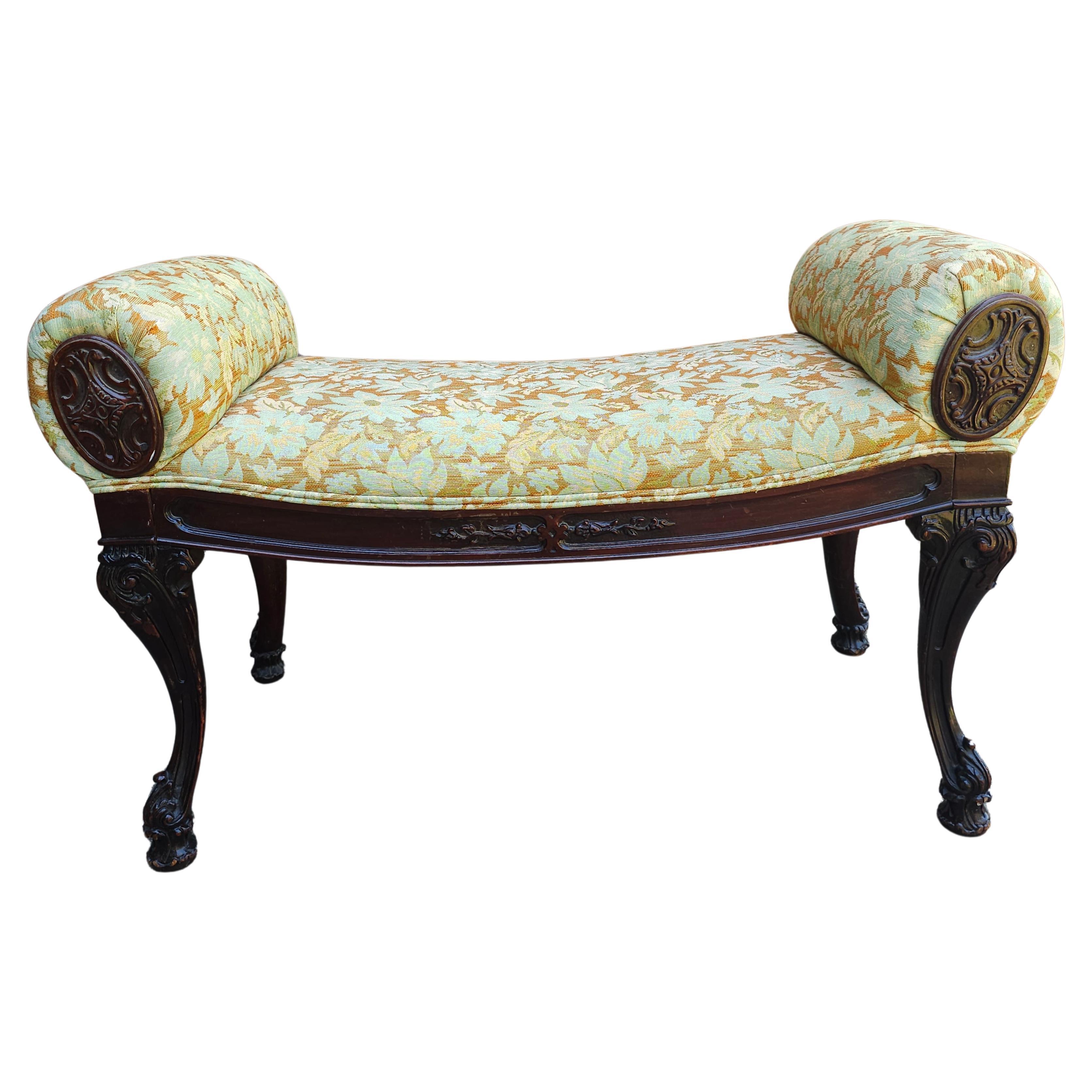 Carved Mahogany and Upholstered Rolled Arms Bench