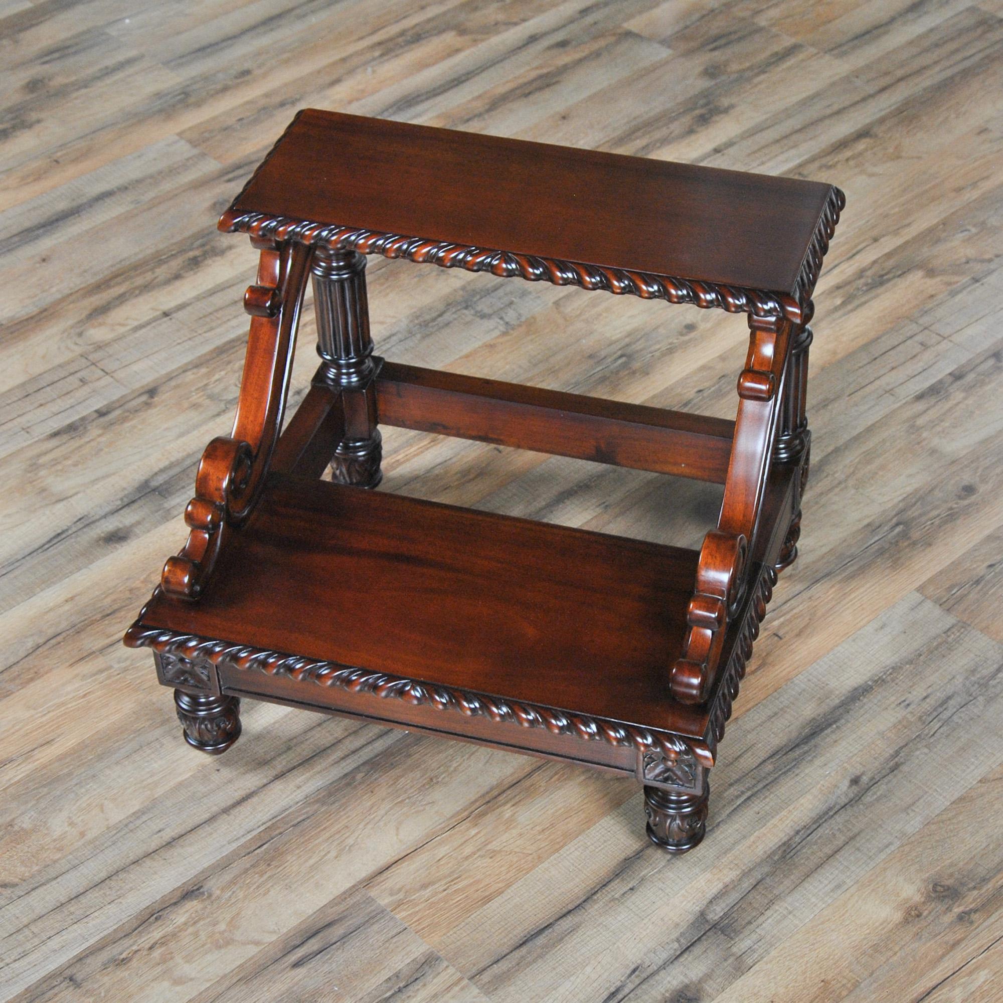 The Carved Mahogany Bed Step has simple and tasteful style, practical and elegant details are all combined with great quality construction to make a this high quality piece of furniture. The Carved Mahogany Bed Step is the perfect size for helping