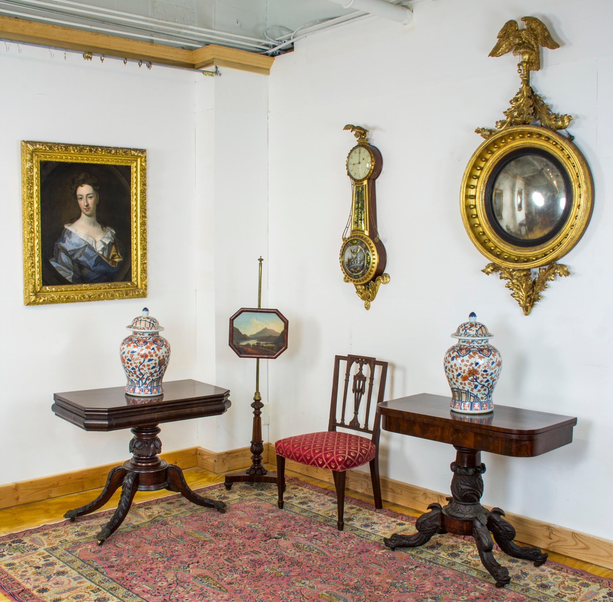 19th Century Carved Mahogany Card Table with Dolphins and Brass Inlay, Possibly NY For Sale