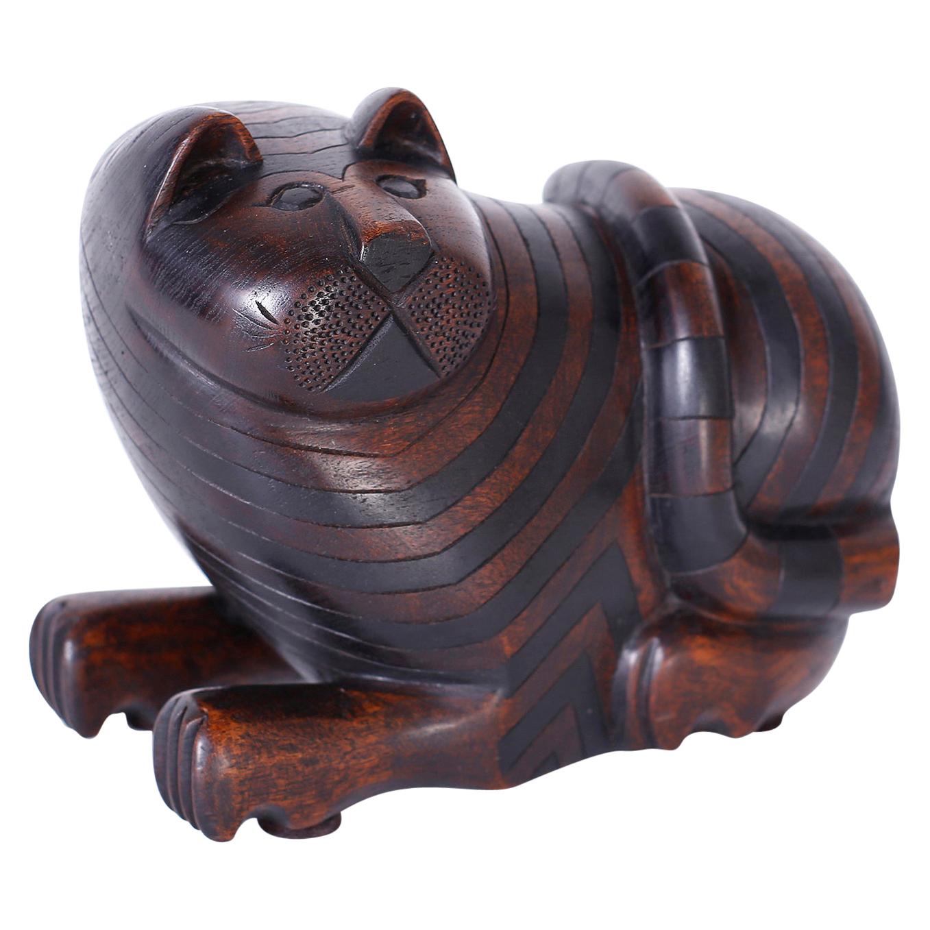 Carved Mahogany Cat with Secret Compartment