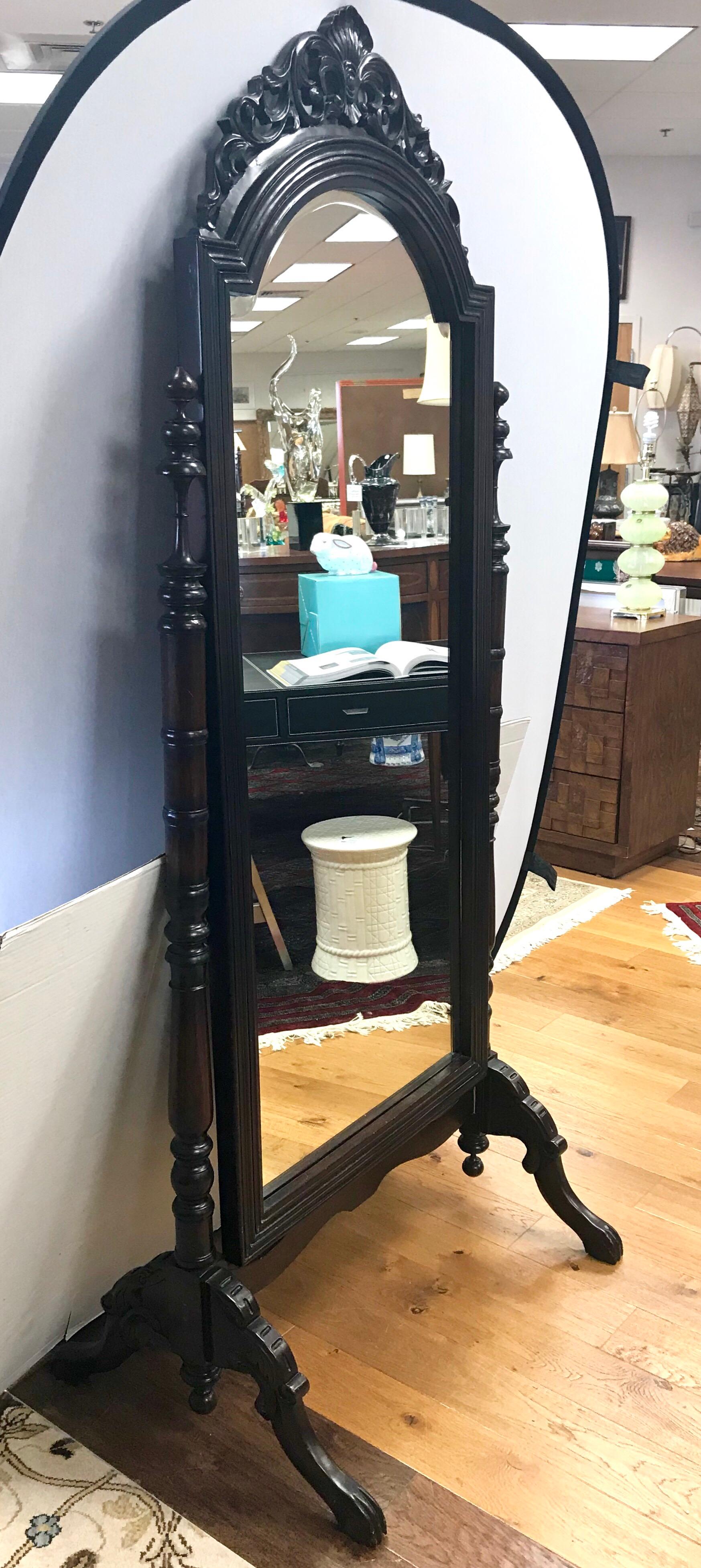 Ornate Carved Mahogany Cheval Floor Mirror In Good Condition In West Hartford, CT