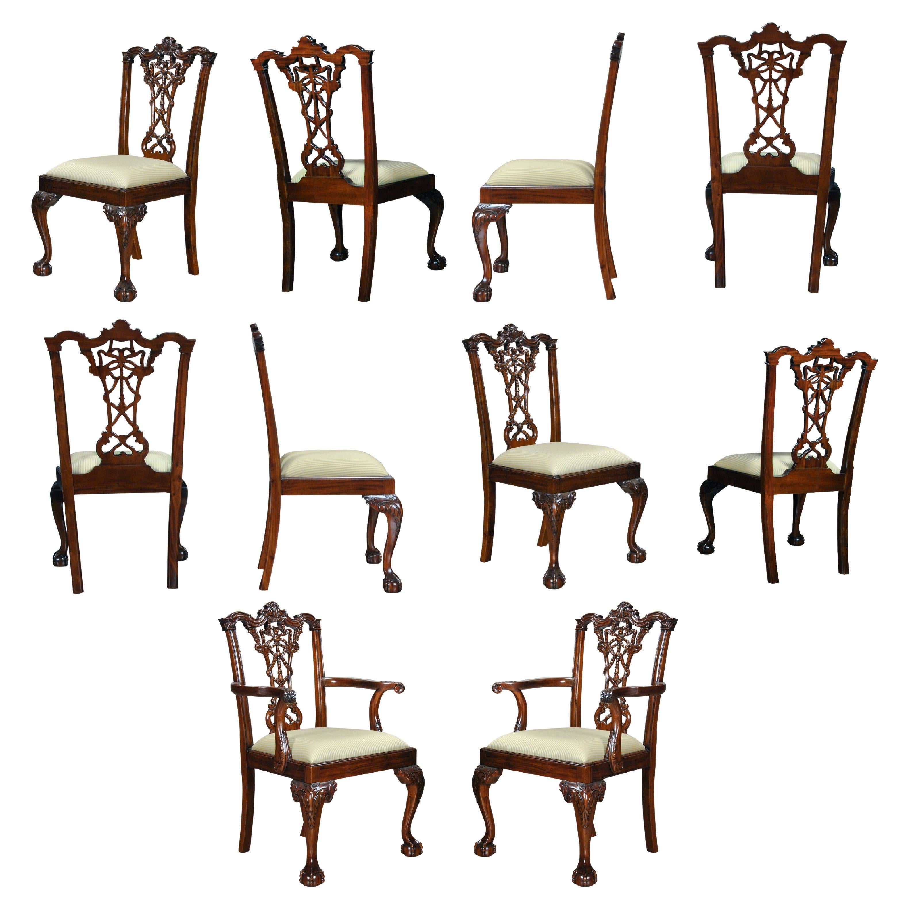 Carved Mahogany Chippendale Chairs, Set of 10 For Sale