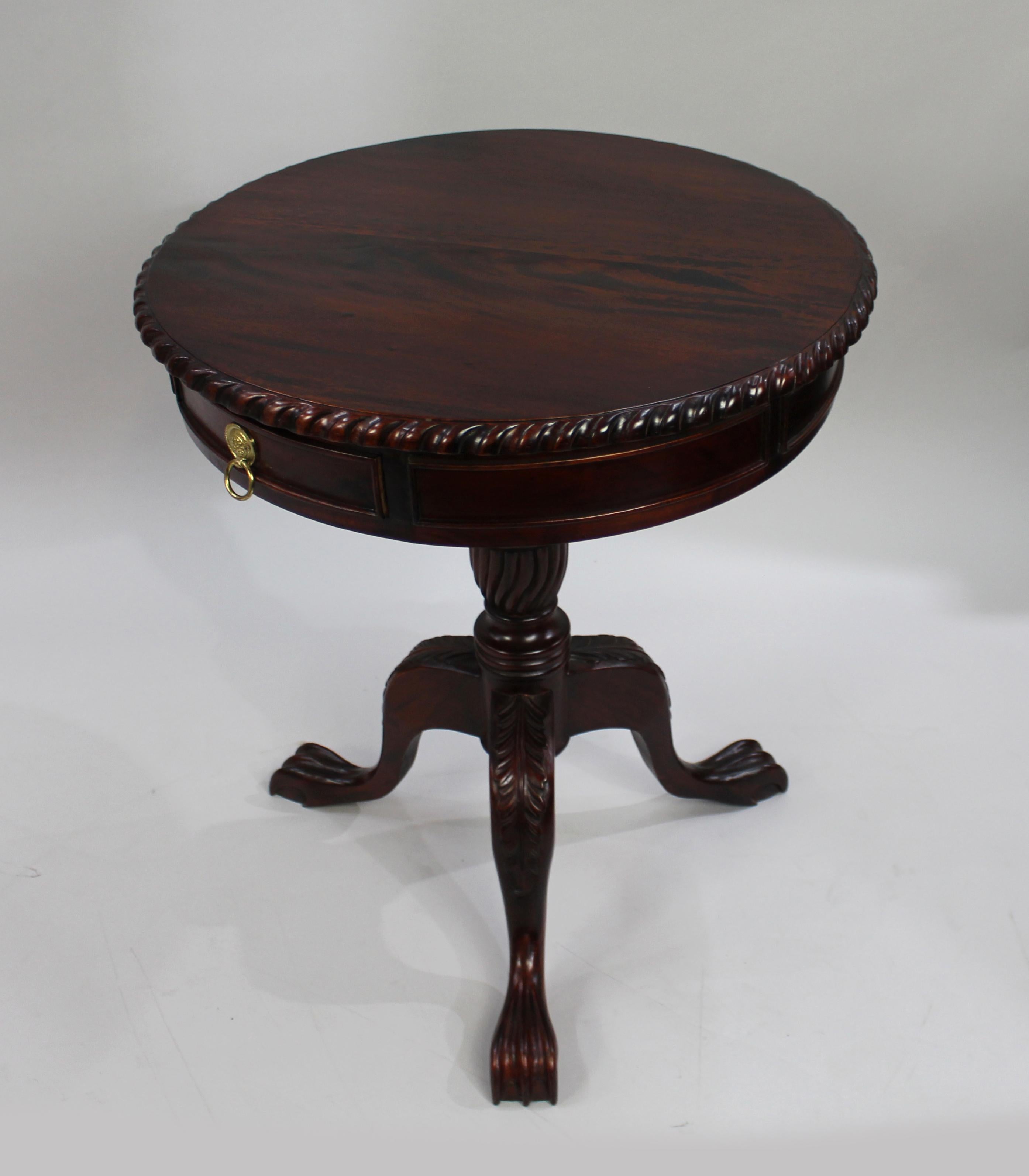 20th Century Carved Mahogany Drum Table For Sale