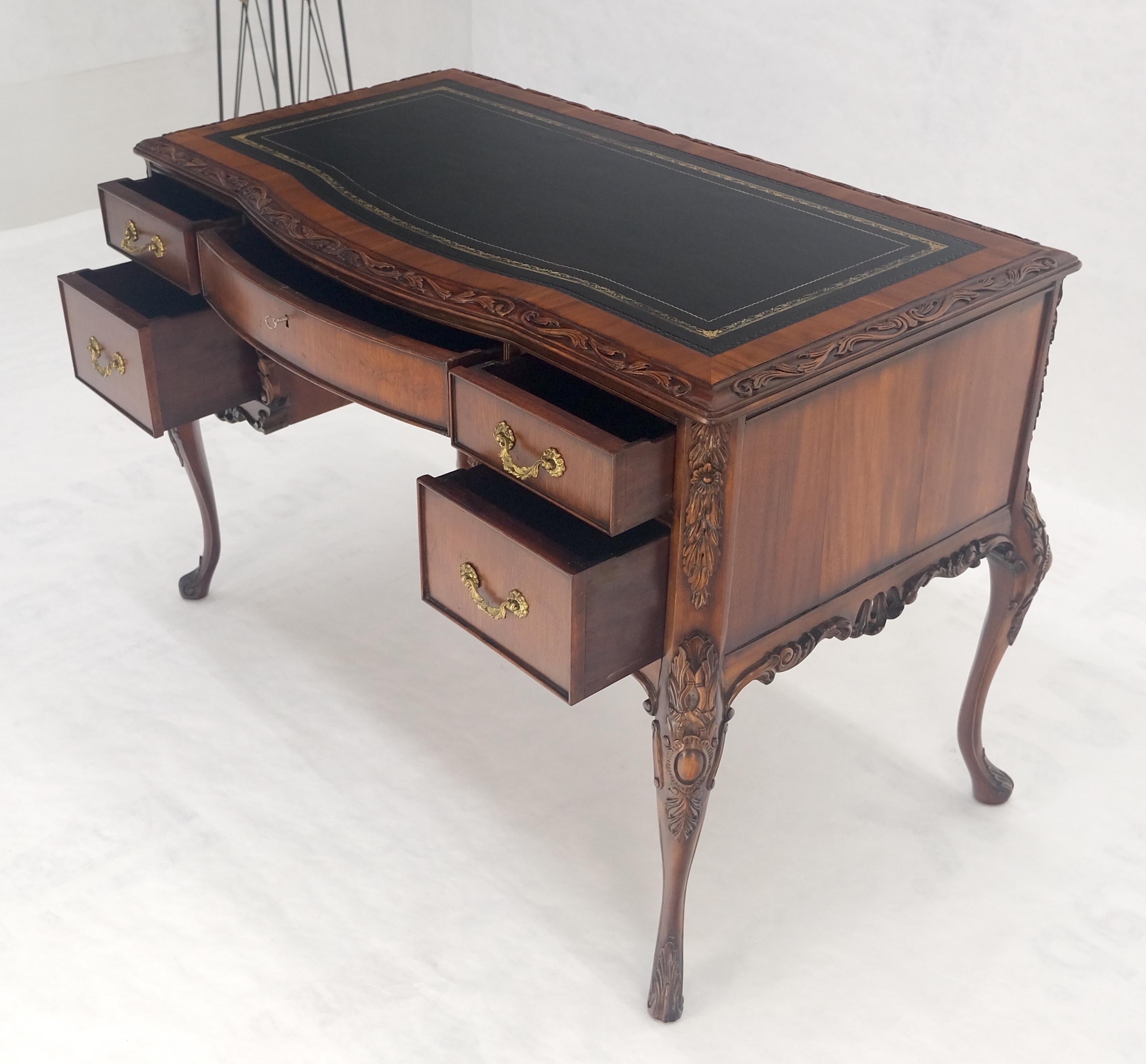Rococo Revival Carved Mahogany Embossed Black Leather Top Petit Compact 5 Drawers Desk MINT For Sale