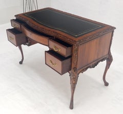 Carved Mahogany Embossed Black Leather Top Petit Compact 5 Drawers Desk MINT