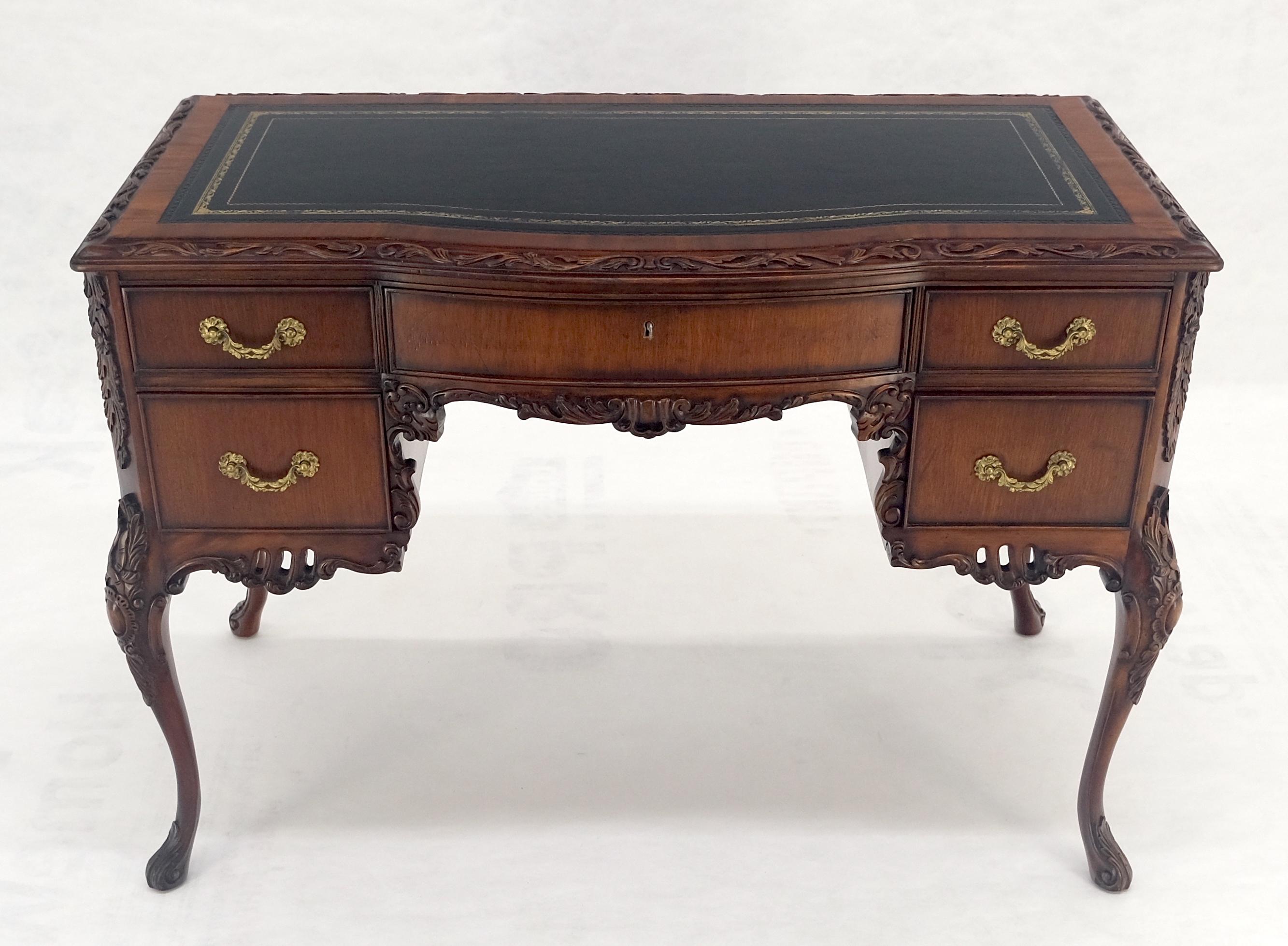 American Carved Mahogany Embossed Black Leather Top Petit Compact 5 Drawers Desk MINT For Sale