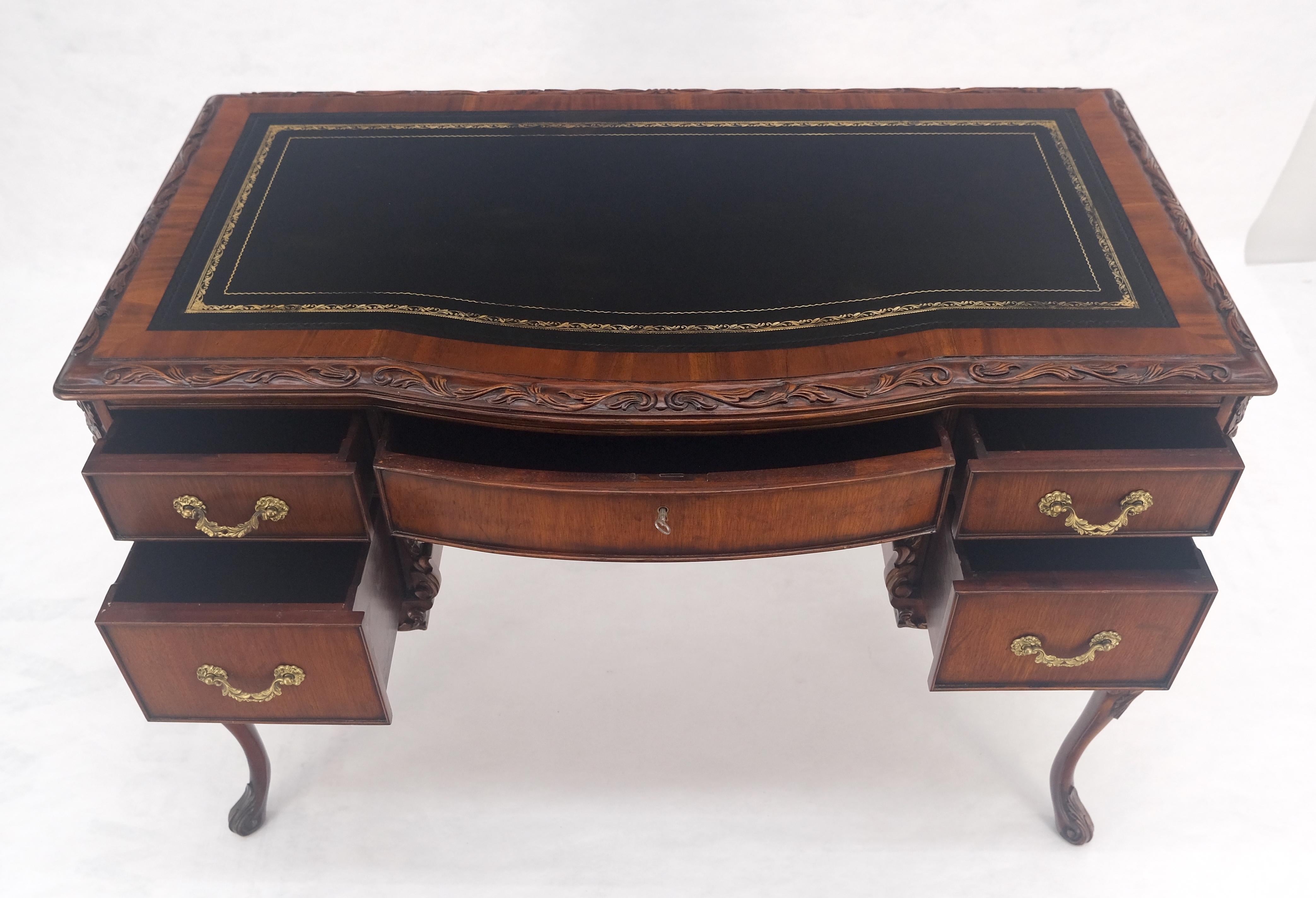 Lacquered Carved Mahogany Embossed Black Leather Top Petit Compact 5 Drawers Desk MINT For Sale