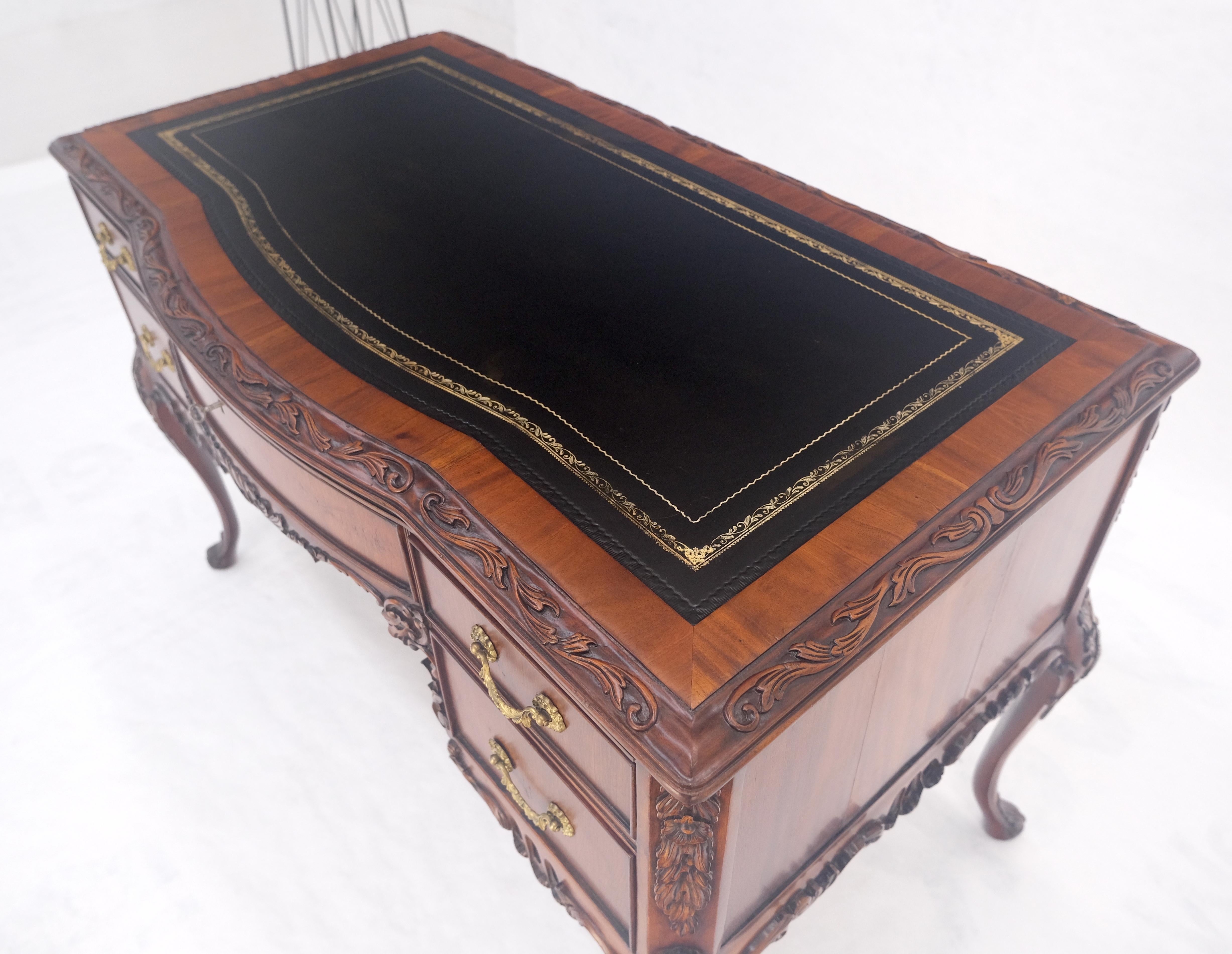 Brass Carved Mahogany Embossed Black Leather Top Petit Compact 5 Drawers Desk MINT For Sale