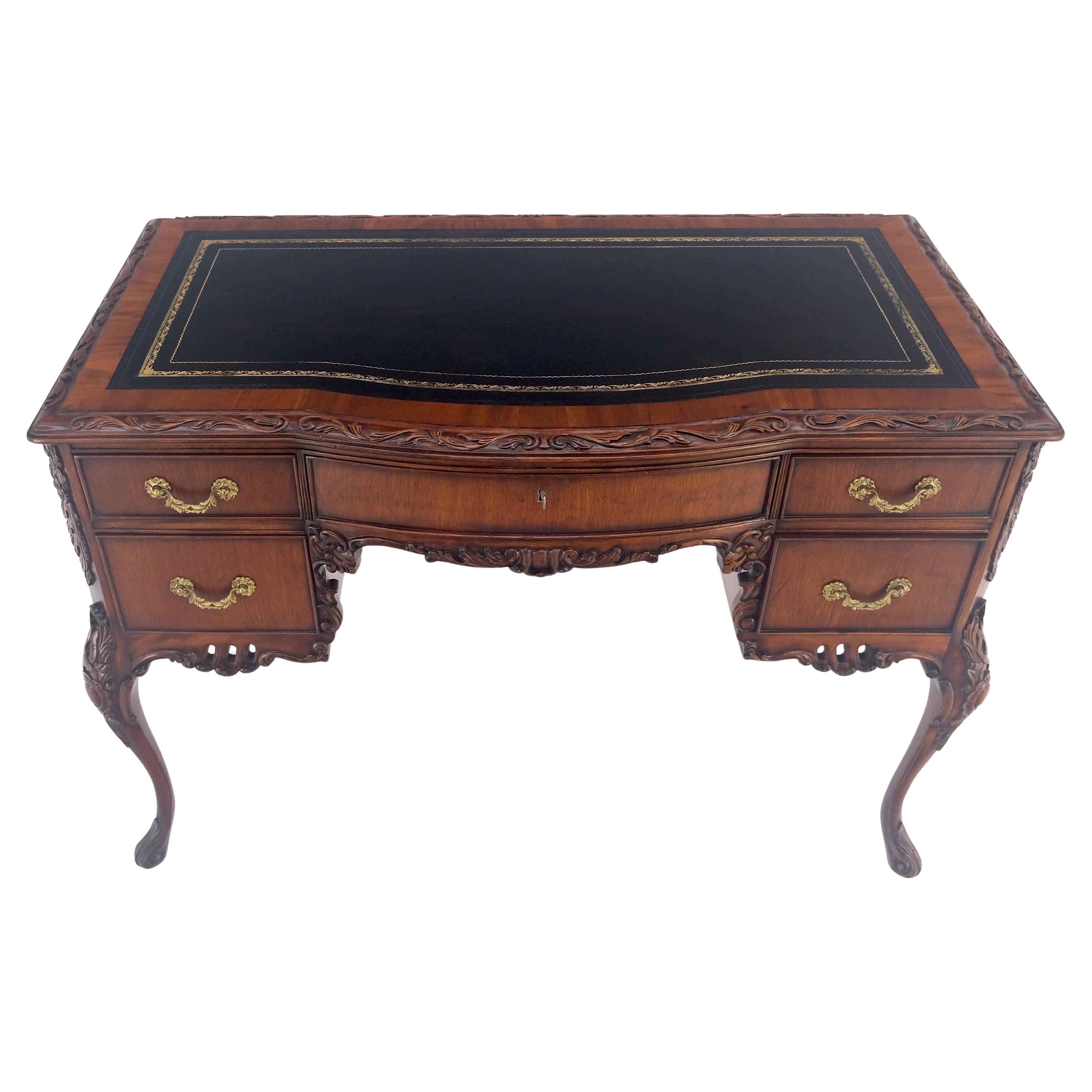 Carved Mahogany Embossed Black Leather Top Petit Compact 5 Drawers Desk MINT For Sale