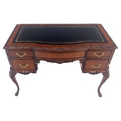 Carved Mahogany Embossed Black Leather Top Petit Compact 5 Drawers Desk MINT