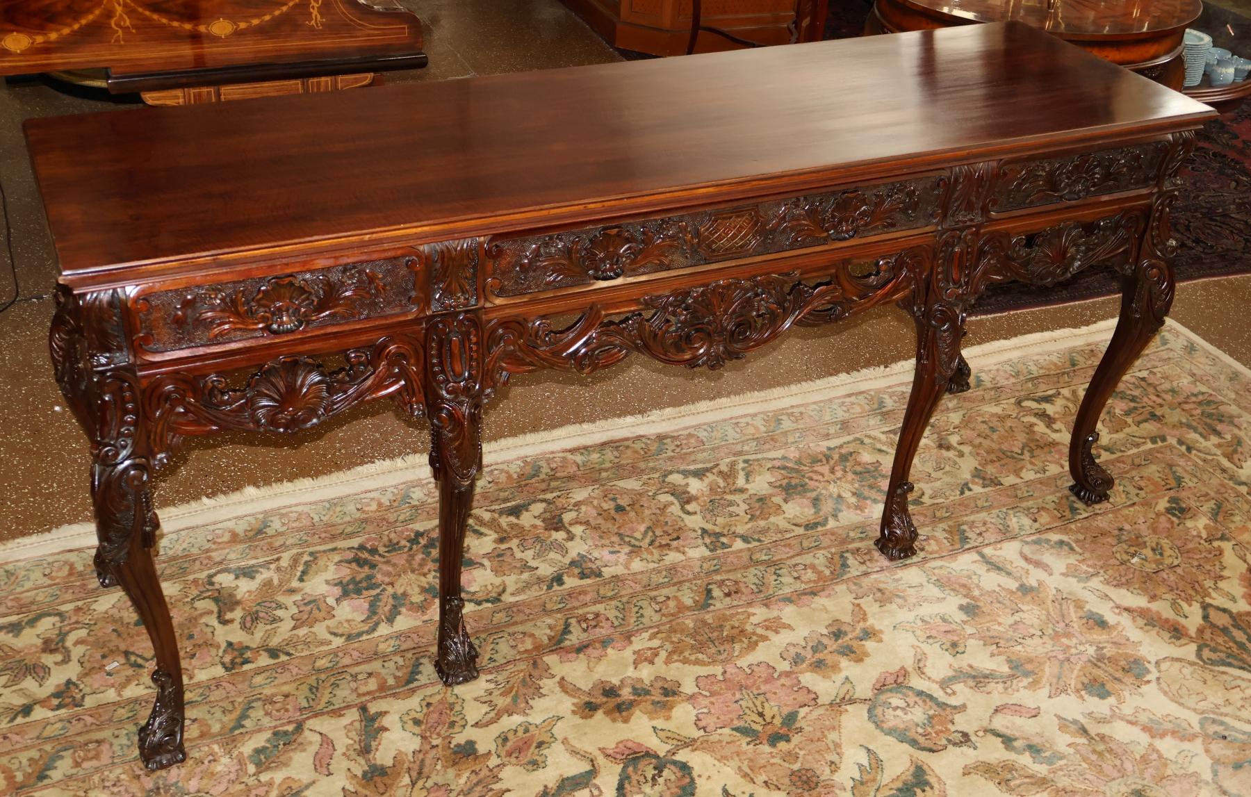 Chippendale Carved Mahogany English Georgian Style Buffet Server Sideboard Circa 1920's For Sale