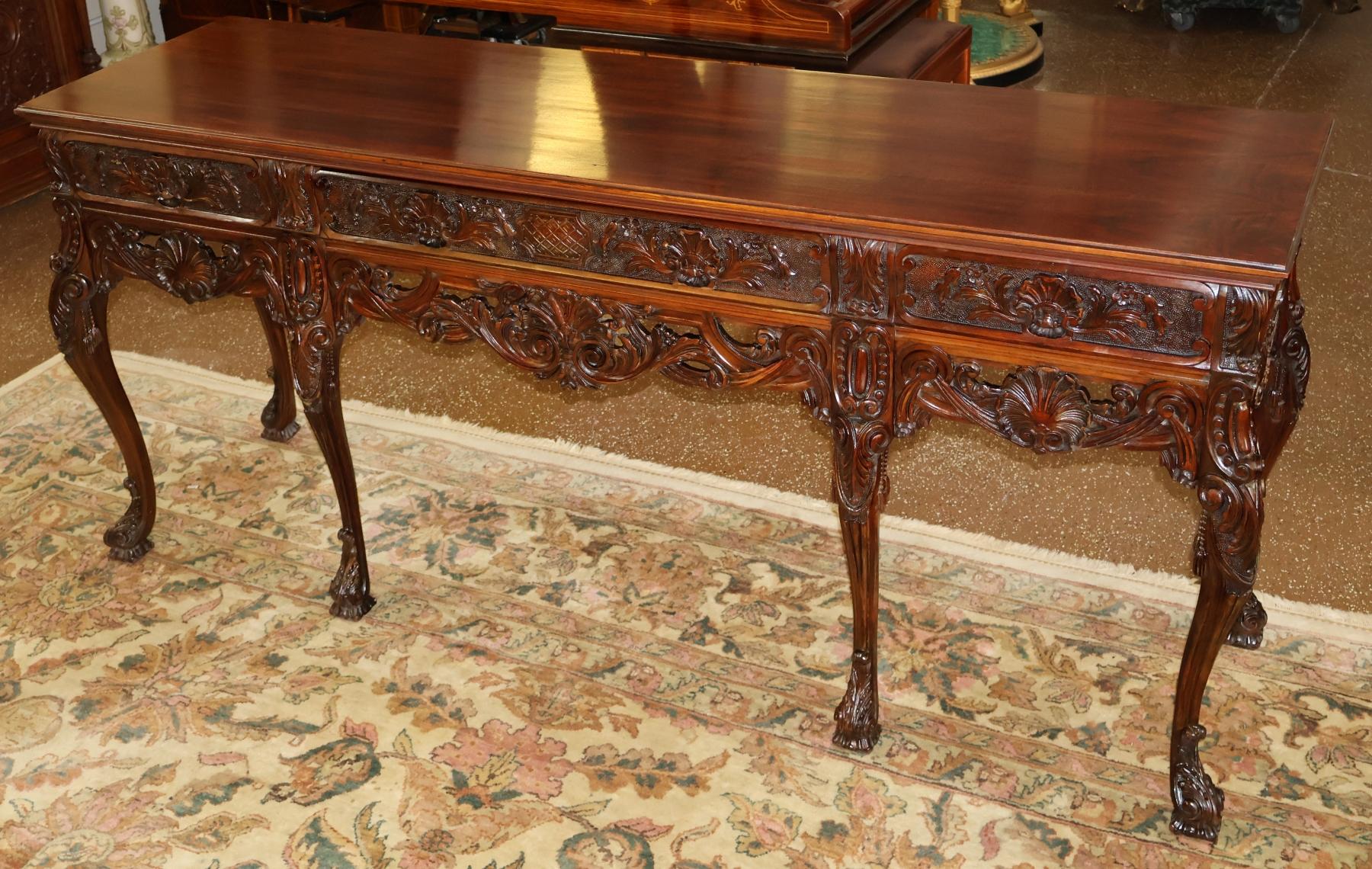 British Carved Mahogany English Georgian Style Buffet Server Sideboard Circa 1920's For Sale