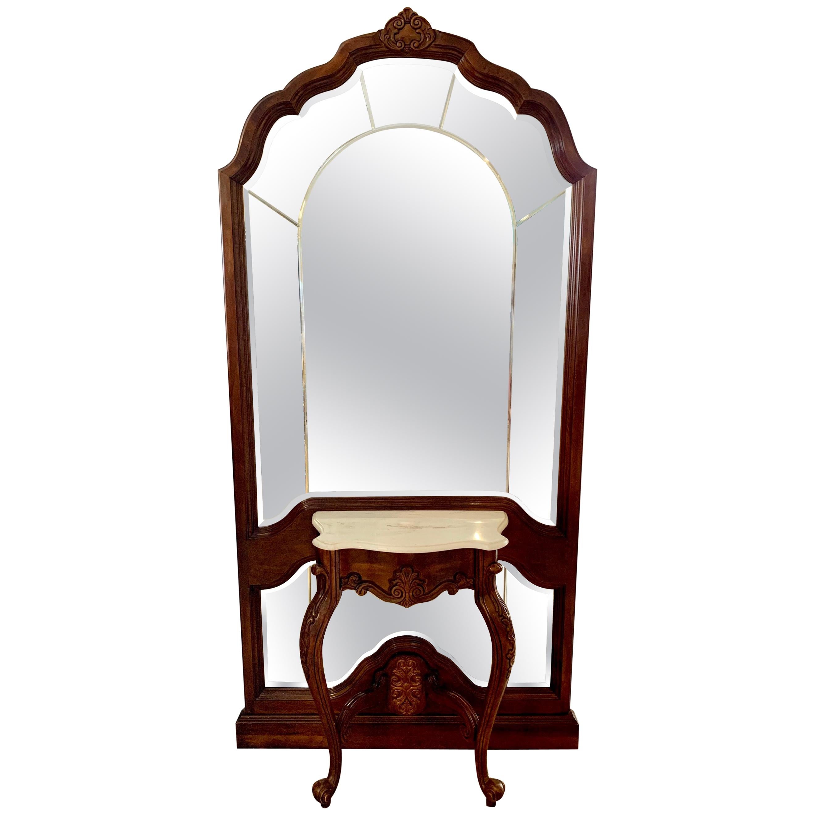 Carved Mahogany Floor Mirror with Marble-Top Console Table