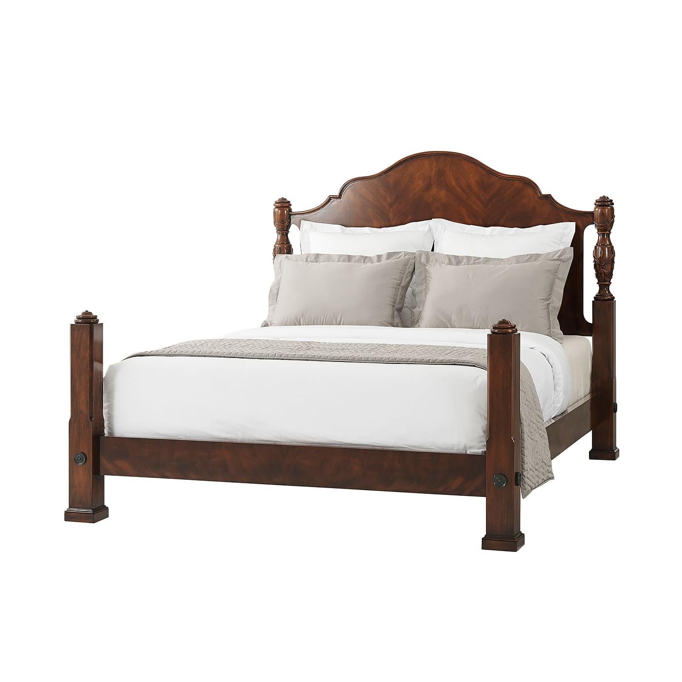 Chippendale Carved Mahogany Four Post Bed, Queen