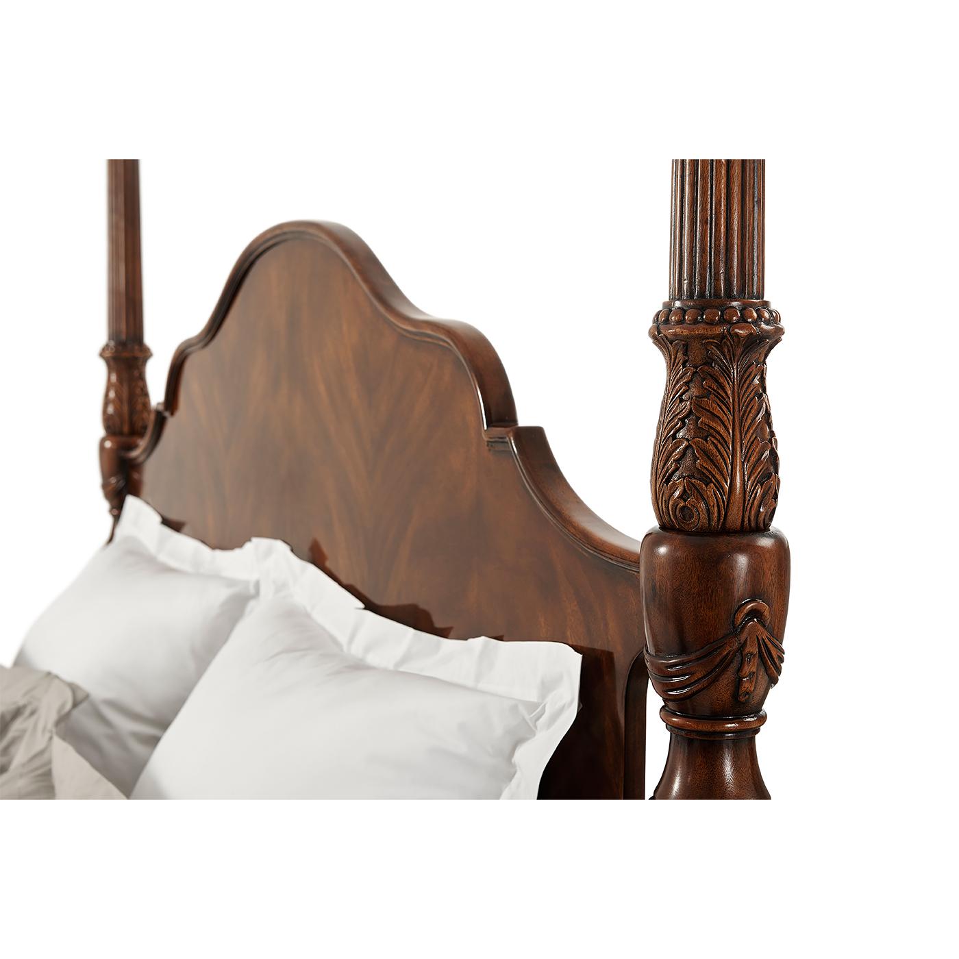 Vietnamese Carved Mahogany Four Post Bed, Queen