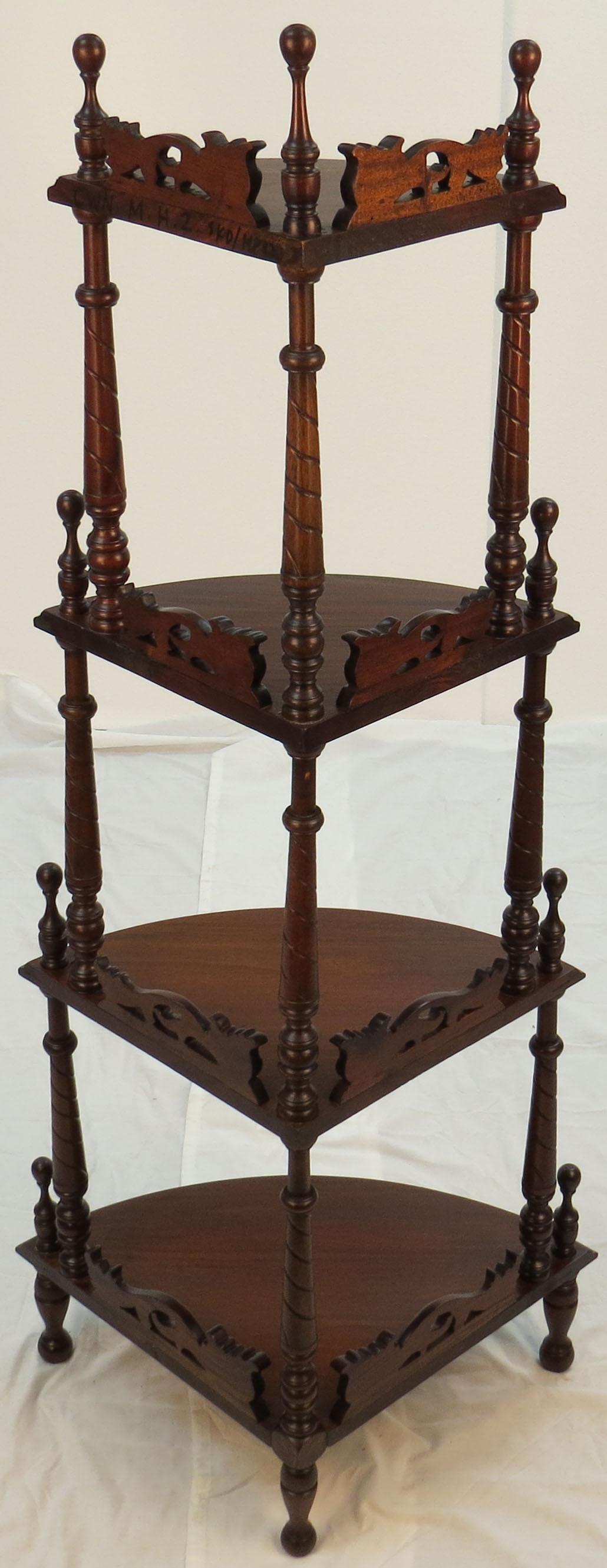 Victorian Carved Mahogany Four-Tier Corner Shelf Whatnot Étagère For Sale