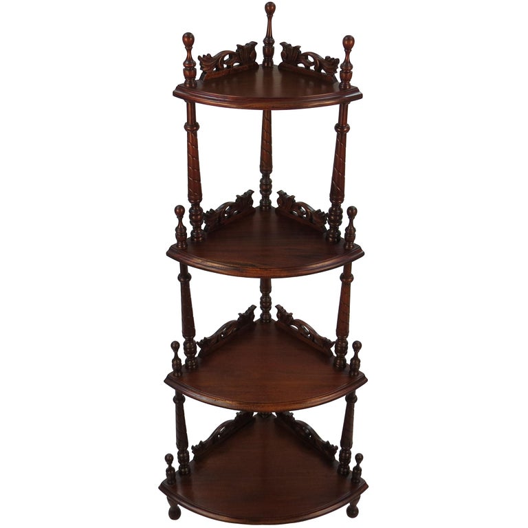 Carved Mahogany FourTier Corner Shelf Whatnot Étagère For Sale at