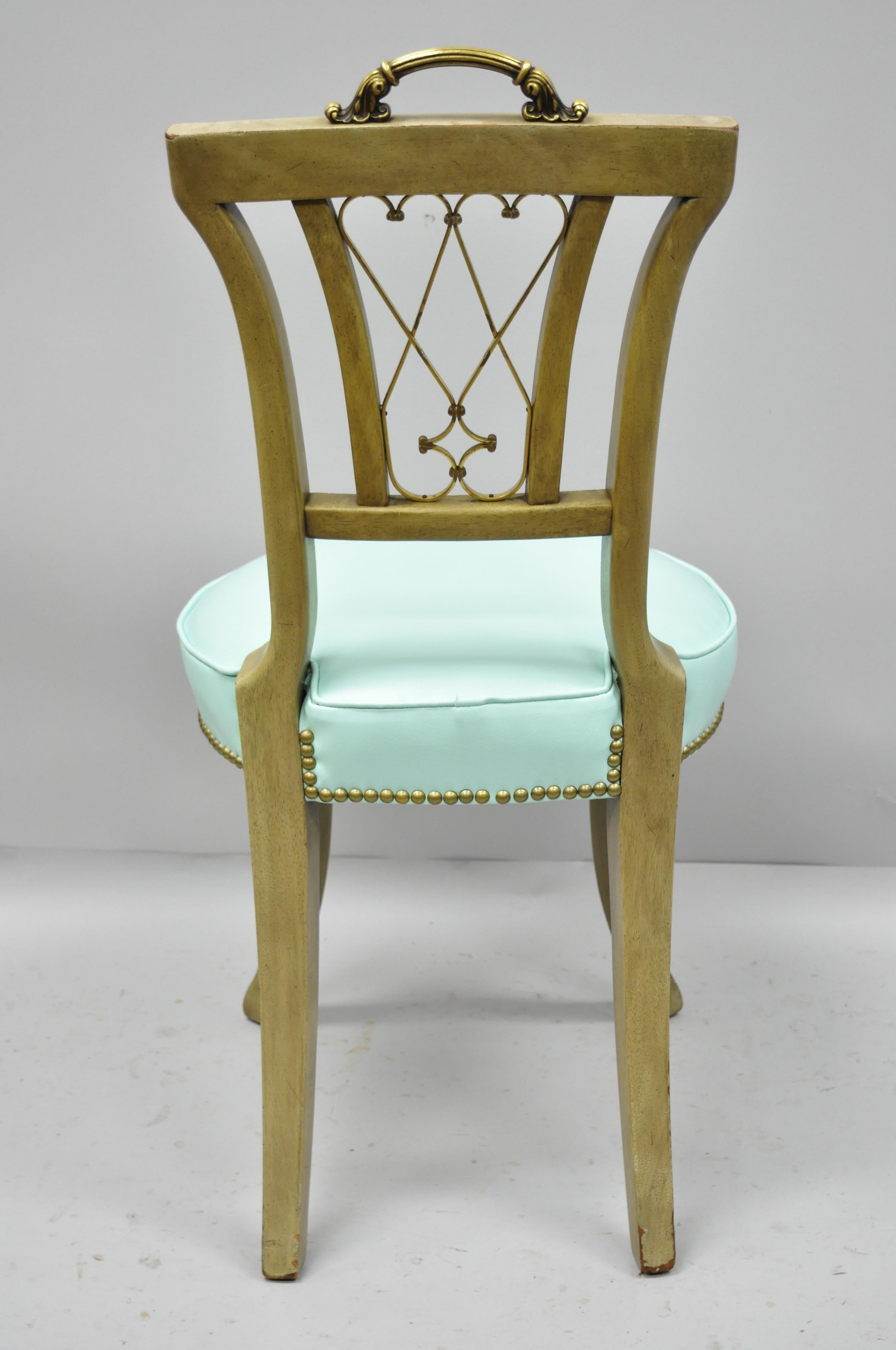 Mid-20th Century Carved Mahogany French Regency Style Chairs with Brass Handle & Aqua Vinyl ‘A’ For Sale