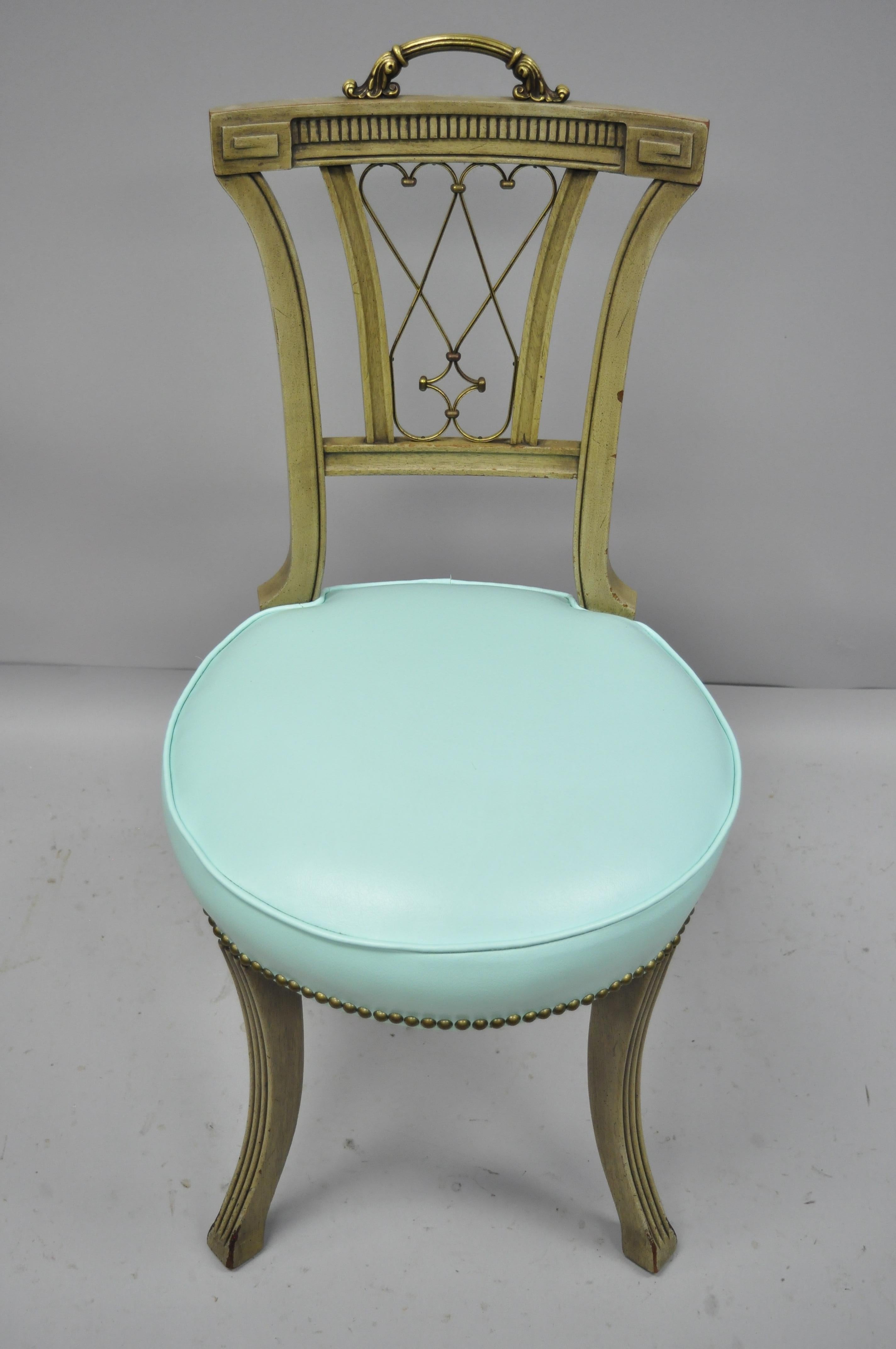 Carved Mahogany French Regency Style Chairs with Brass Handle & Aqua Vinyl ‘A’ For Sale 2