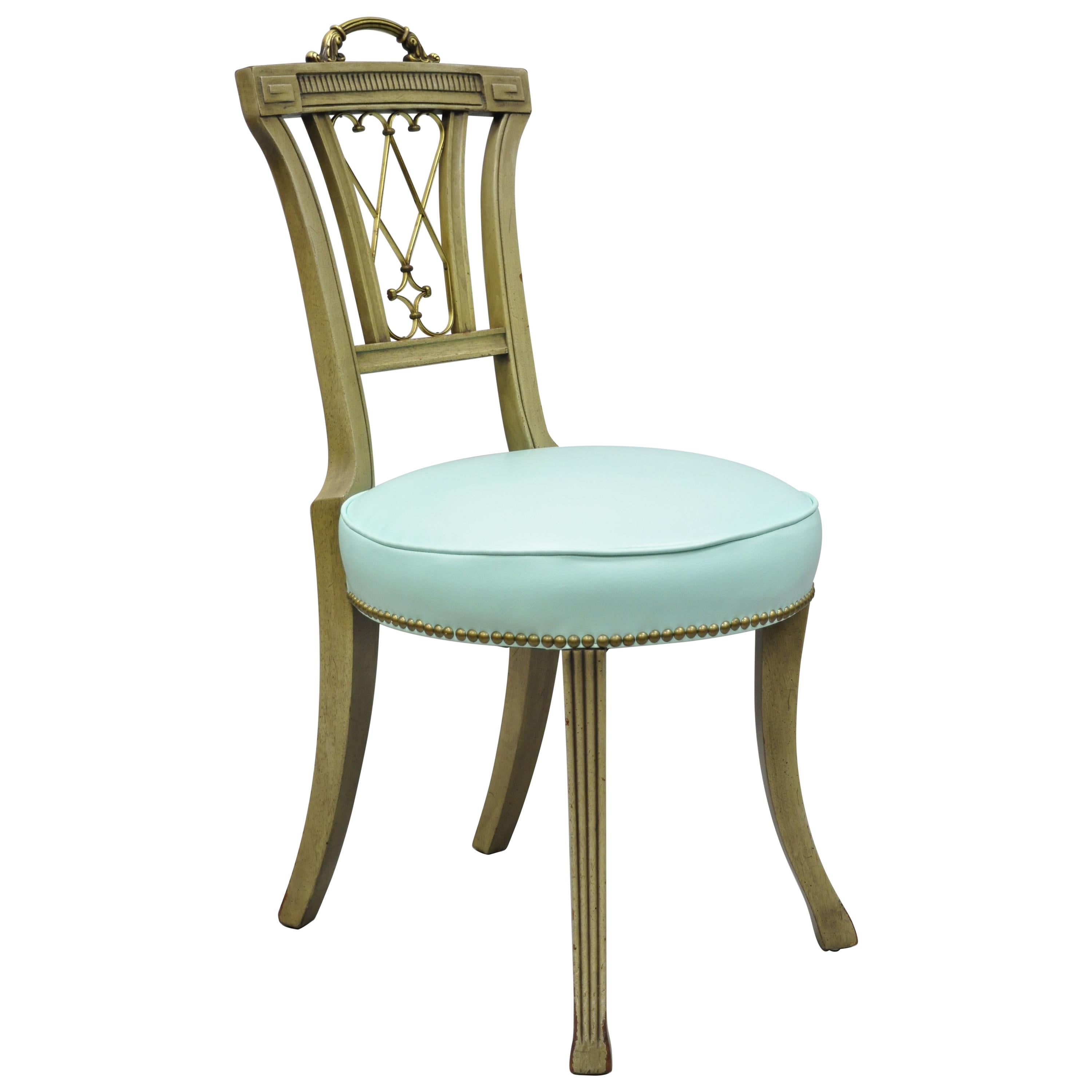 Carved Mahogany French Regency Style Chairs with Brass Handle & Aqua Vinyl ‘A’ For Sale