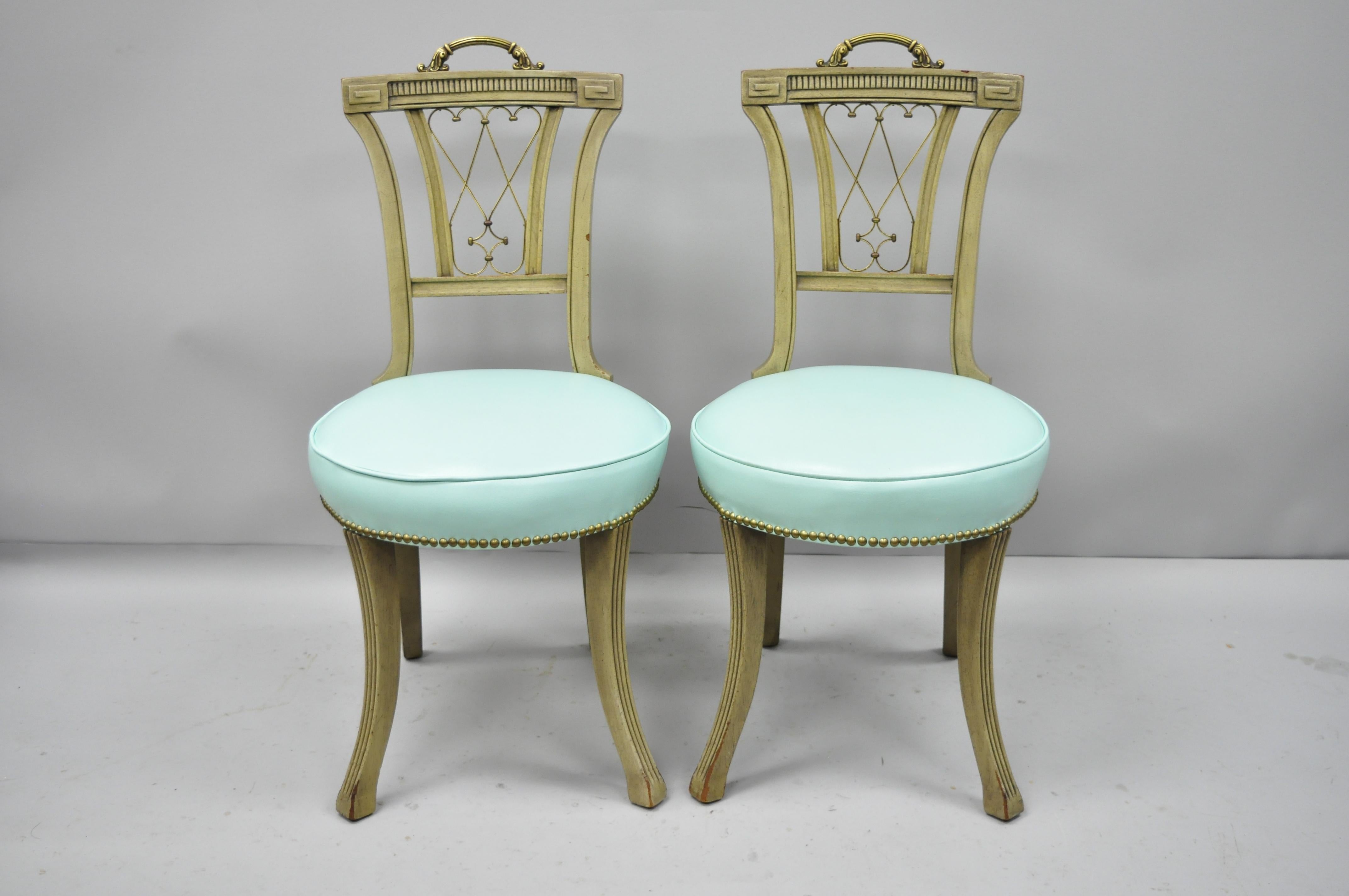 Carved Mahogany French Regency Style Chairs with Brass Handle & Aqua Vinyl, Pair For Sale 4