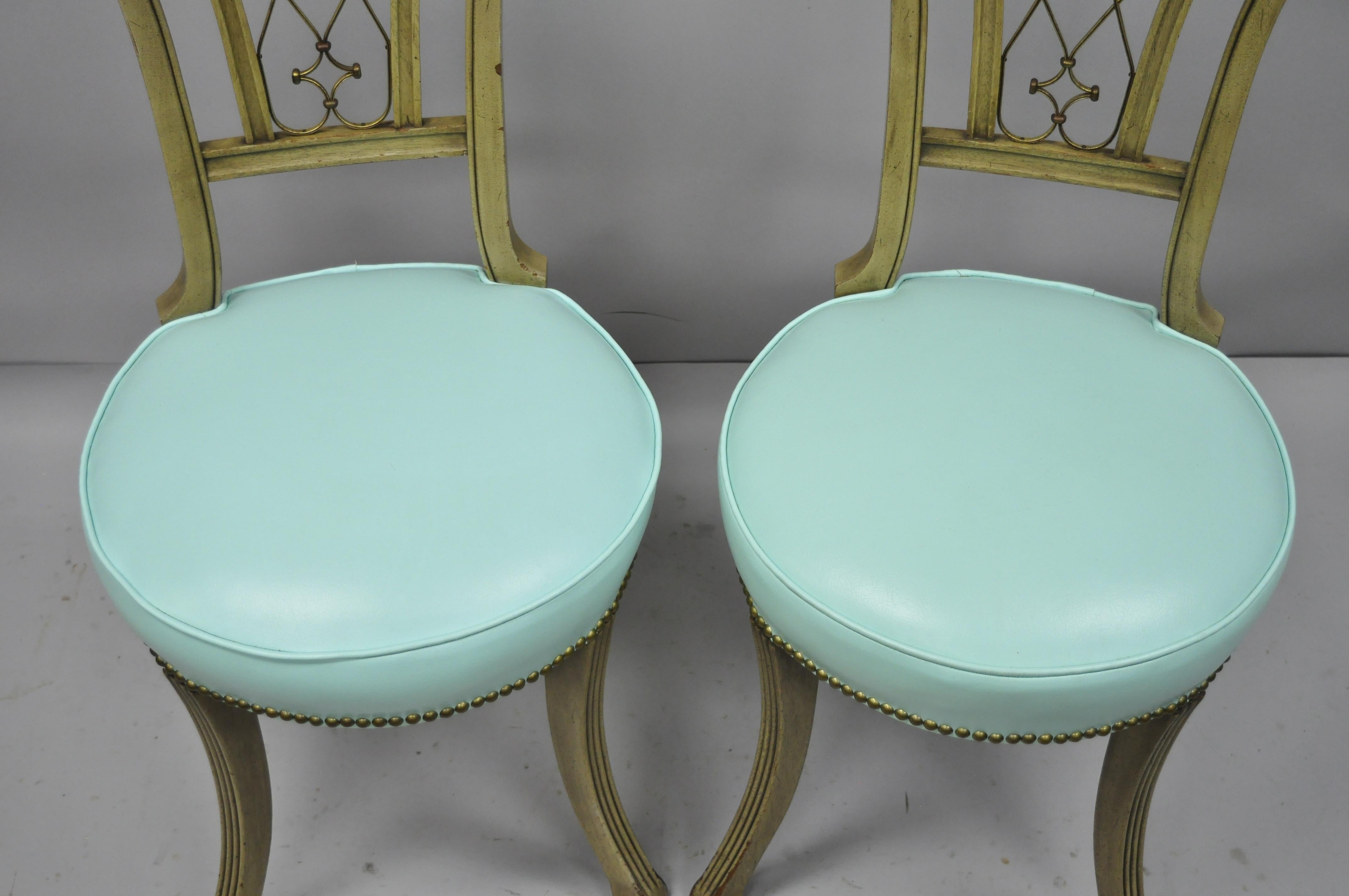 American Carved Mahogany French Regency Style Chairs with Brass Handle & Aqua Vinyl, Pair For Sale