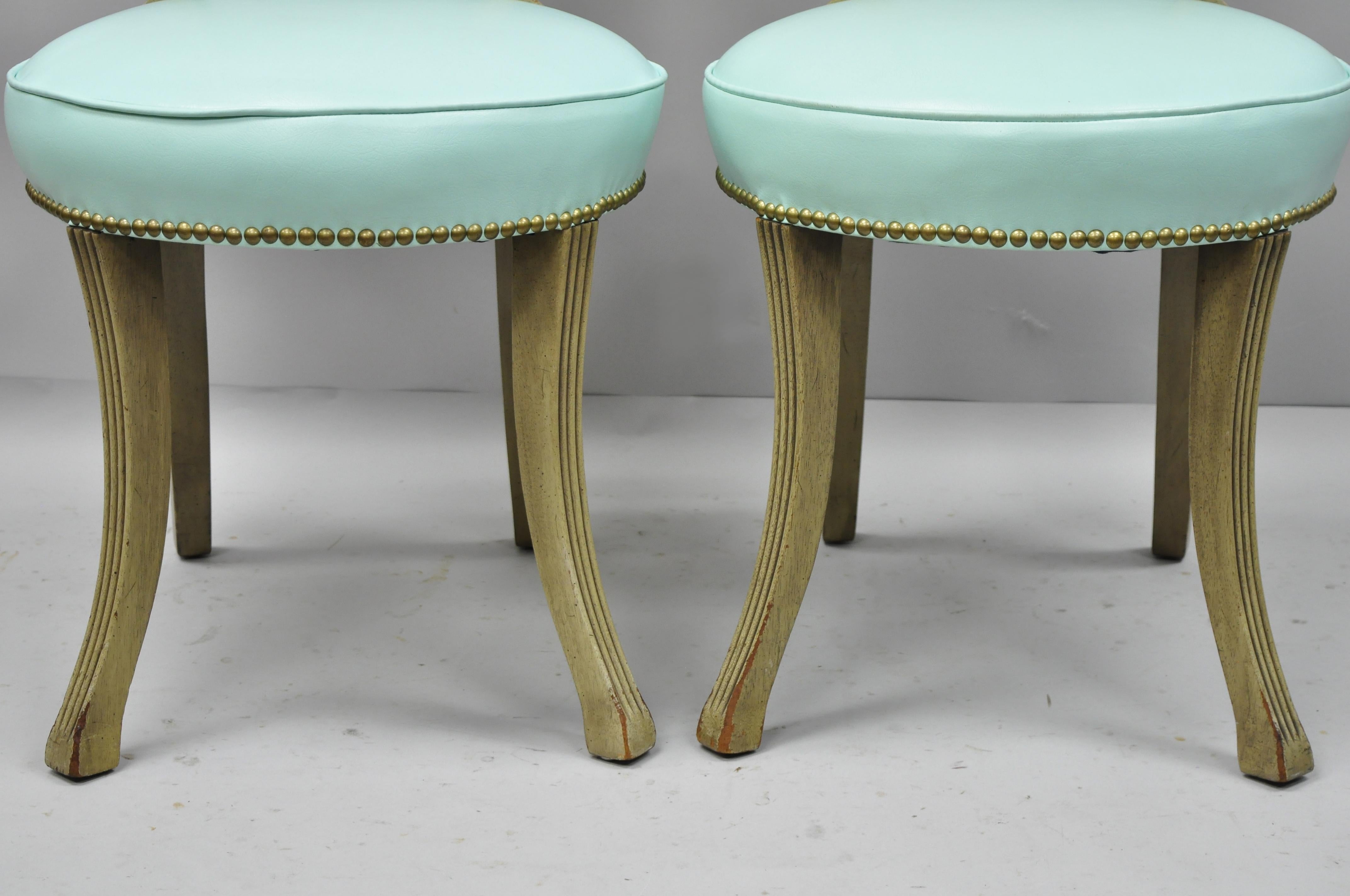 Carved Mahogany French Regency Style Chairs with Brass Handle & Aqua Vinyl, Pair In Good Condition For Sale In Philadelphia, PA