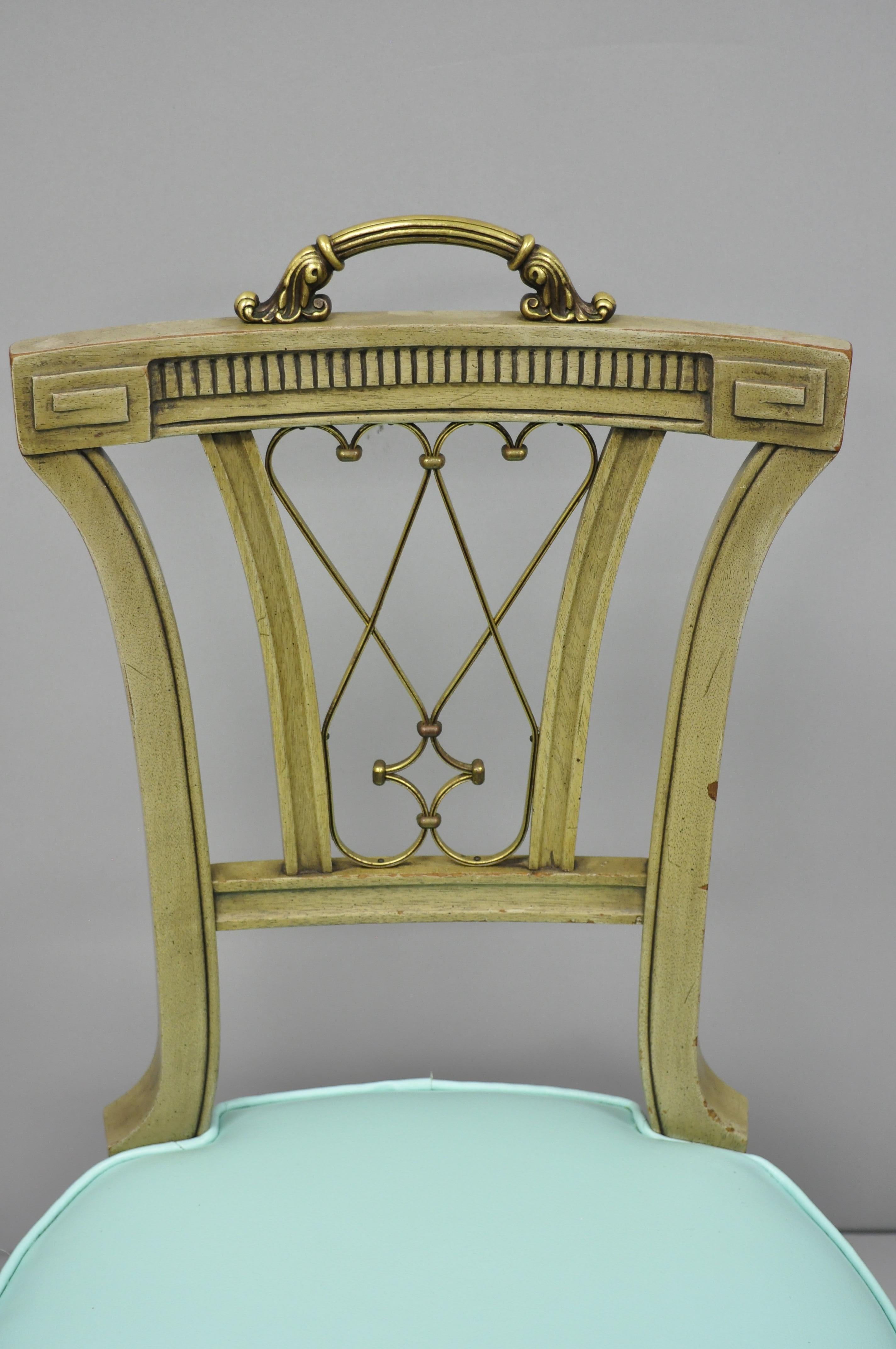 Mid-20th Century Carved Mahogany French Regency Style Chairs with Brass Handle & Aqua Vinyl, Pair For Sale
