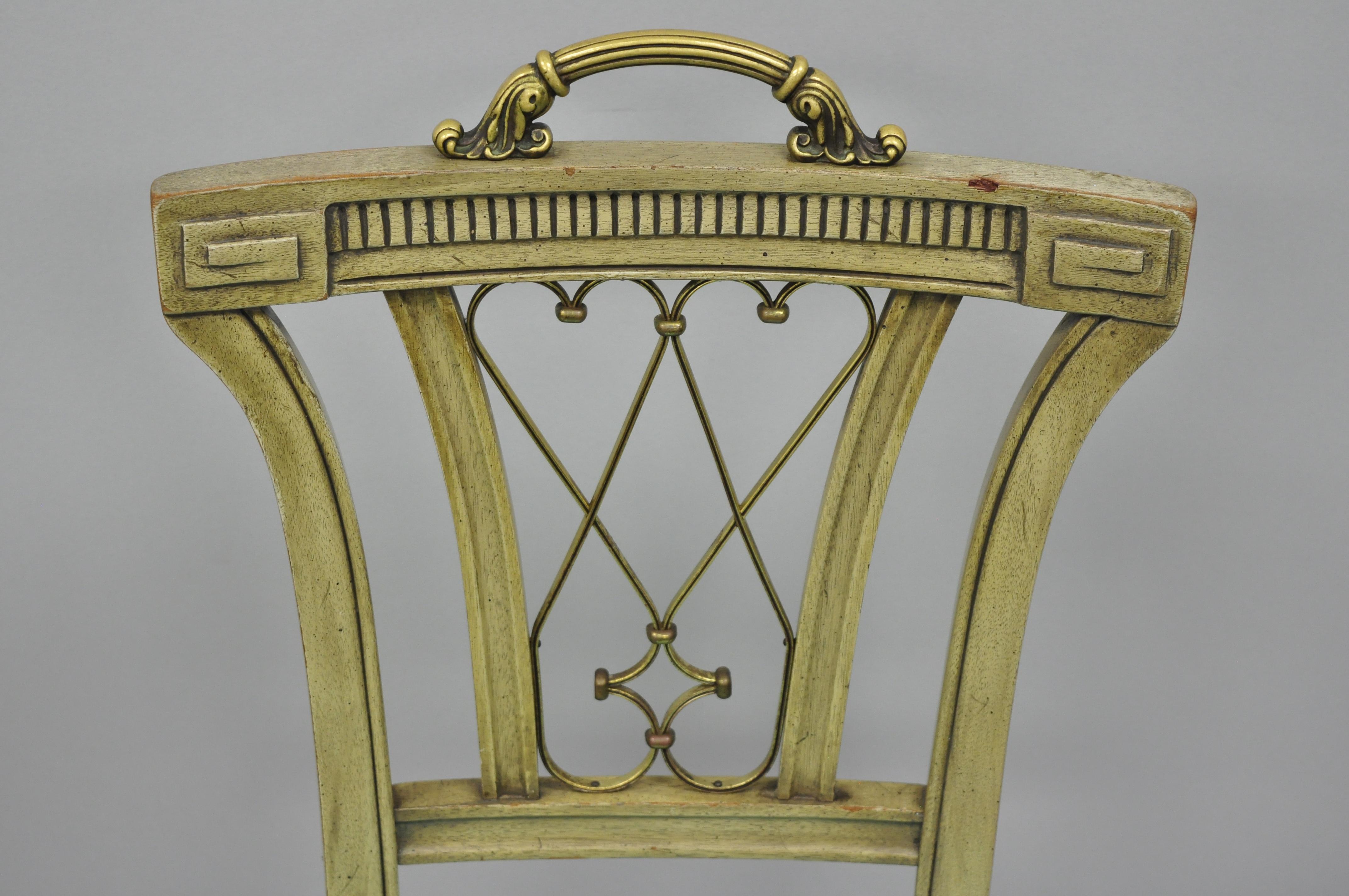 Carved Mahogany French Regency Style Chairs with Brass Handle & Aqua Vinyl, Pair For Sale 1