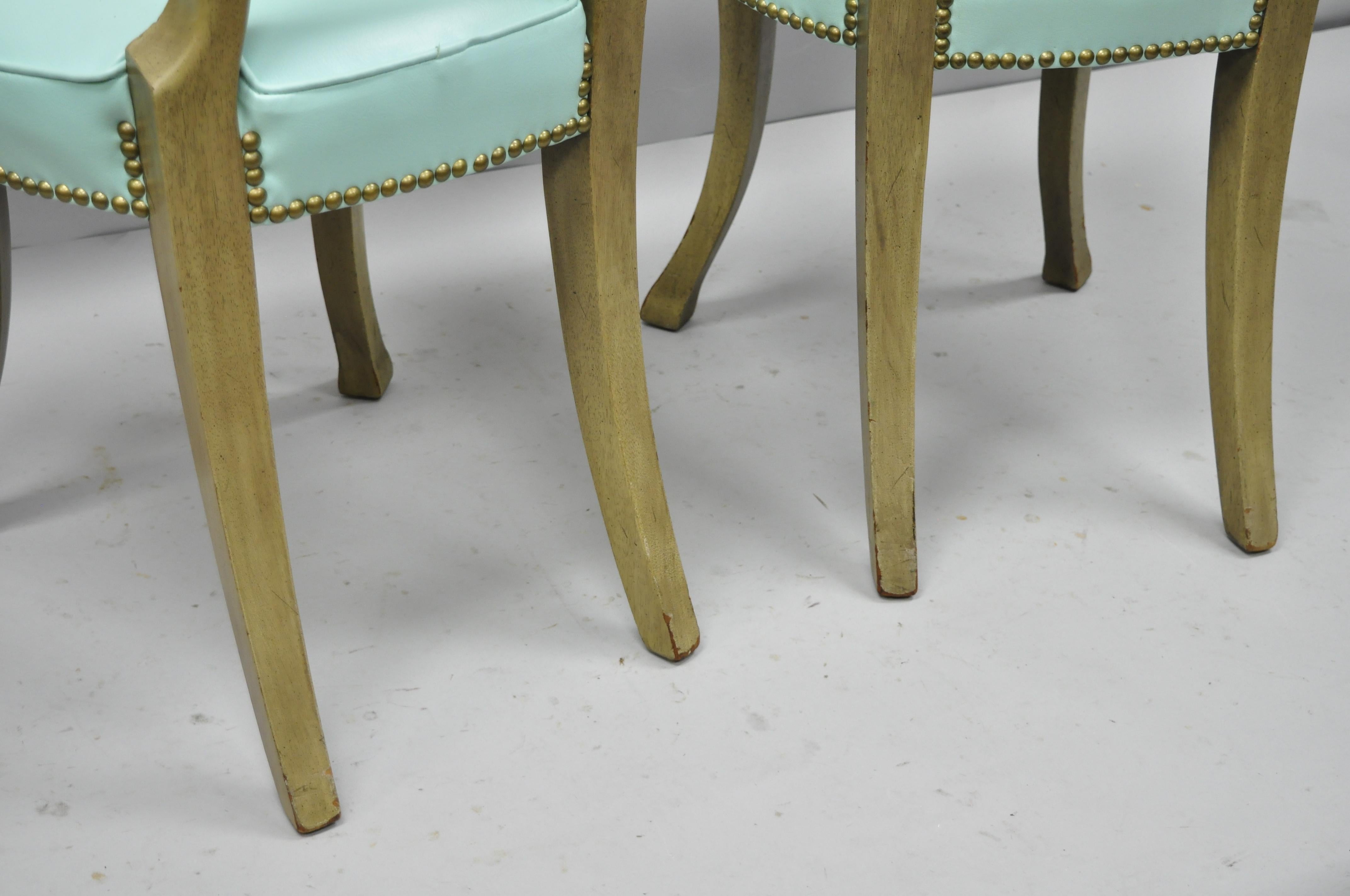 Carved Mahogany French Regency Style Chairs with Brass Handle & Aqua Vinyl, Pair For Sale 2