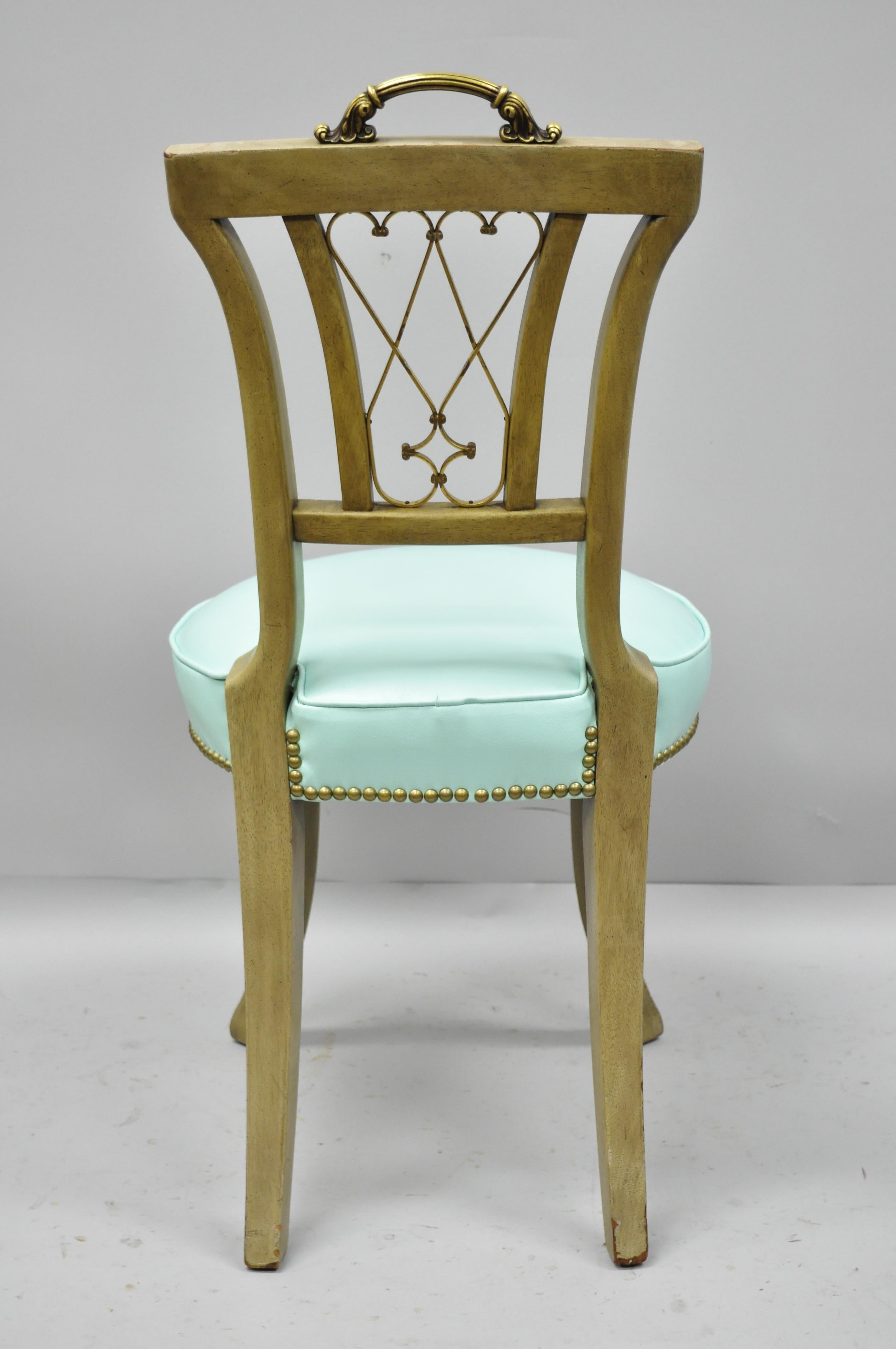 Carved Mahogany French Regency Style Chairs with Brass Handle & Aqua Vinyl, Pair For Sale 3