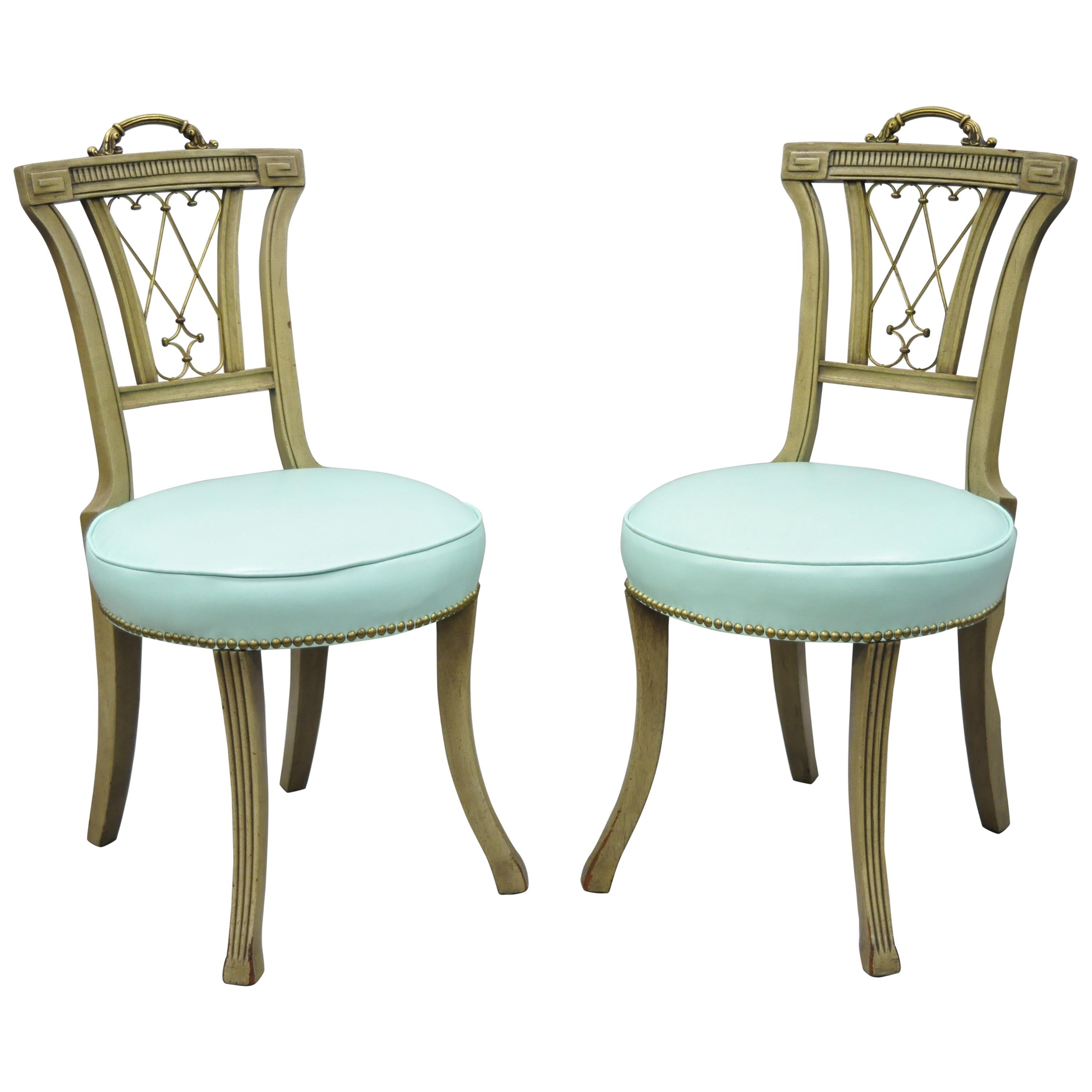 Carved Mahogany French Regency Style Chairs with Brass Handle & Aqua Vinyl, Pair For Sale