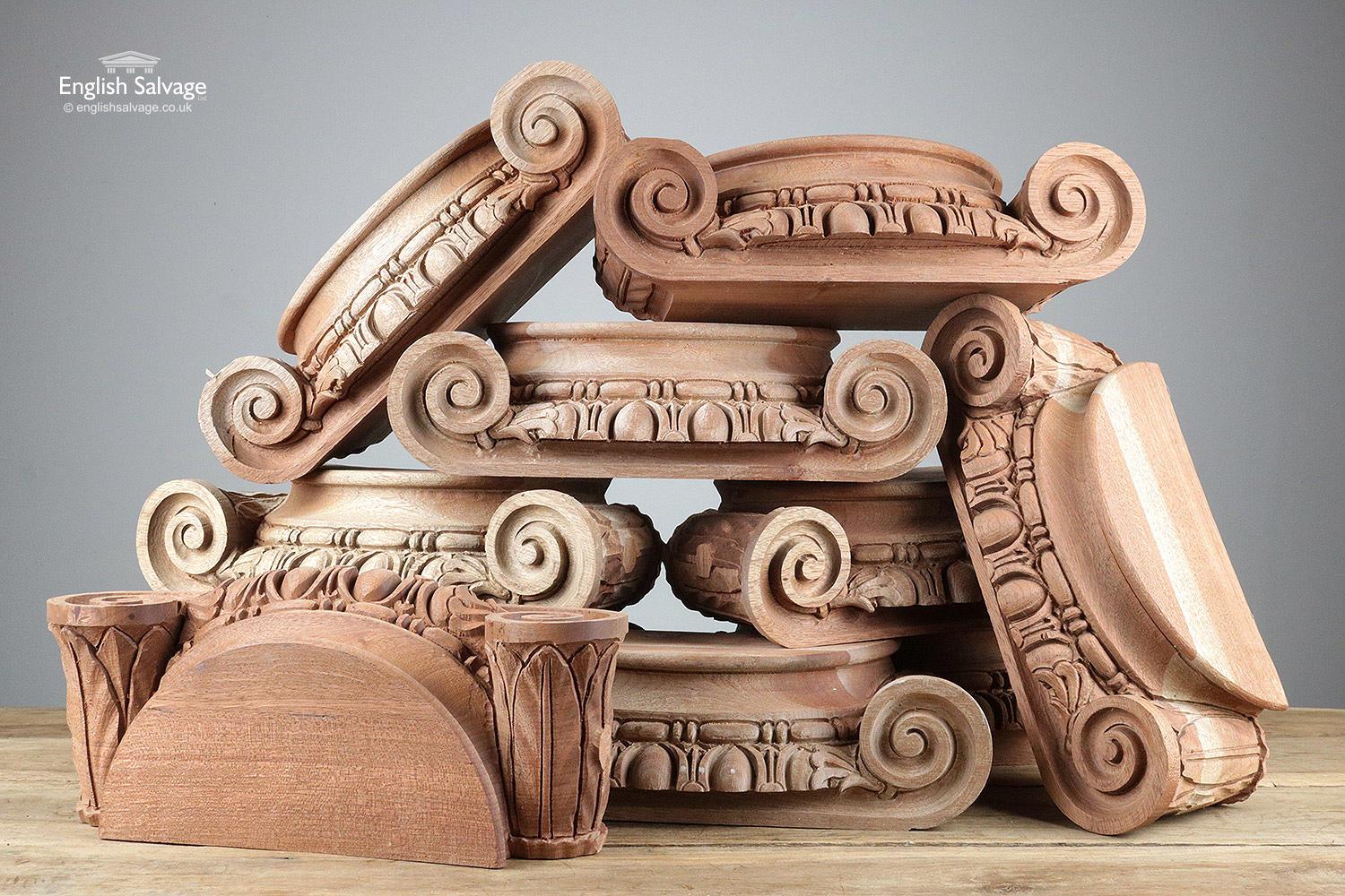 Pretty carved mahogany half pillar tops with scrollwork and egg and dart detail to the fronts. Measurements may vary slightly from piece to piece. Could also work as small decorative shelves (flat areas at the tops and bottoms are around 24cm wide x