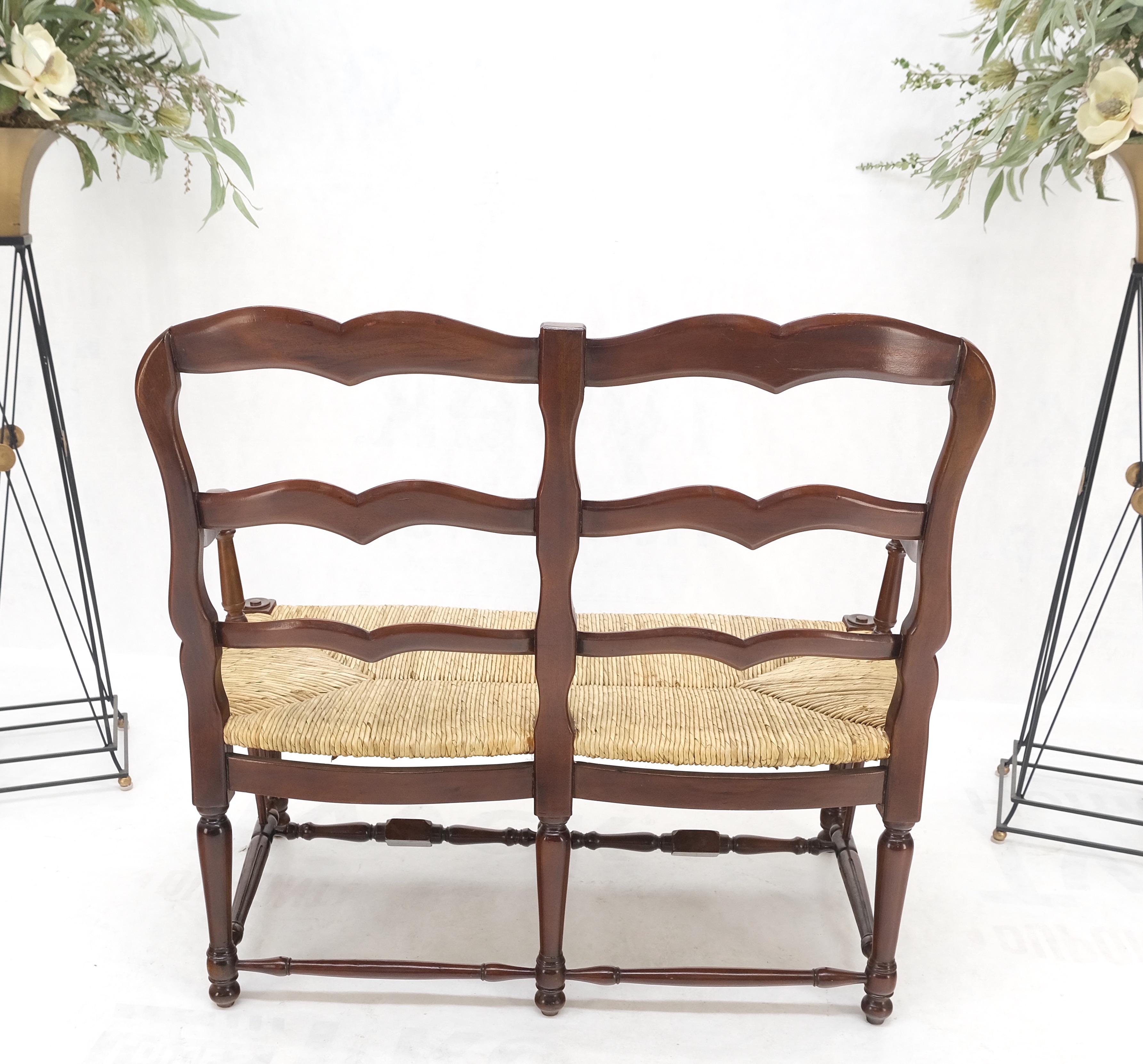 Carved Mahogany Ladder Back Country Rush Seat Loveseat Bench MINT! For Sale 8