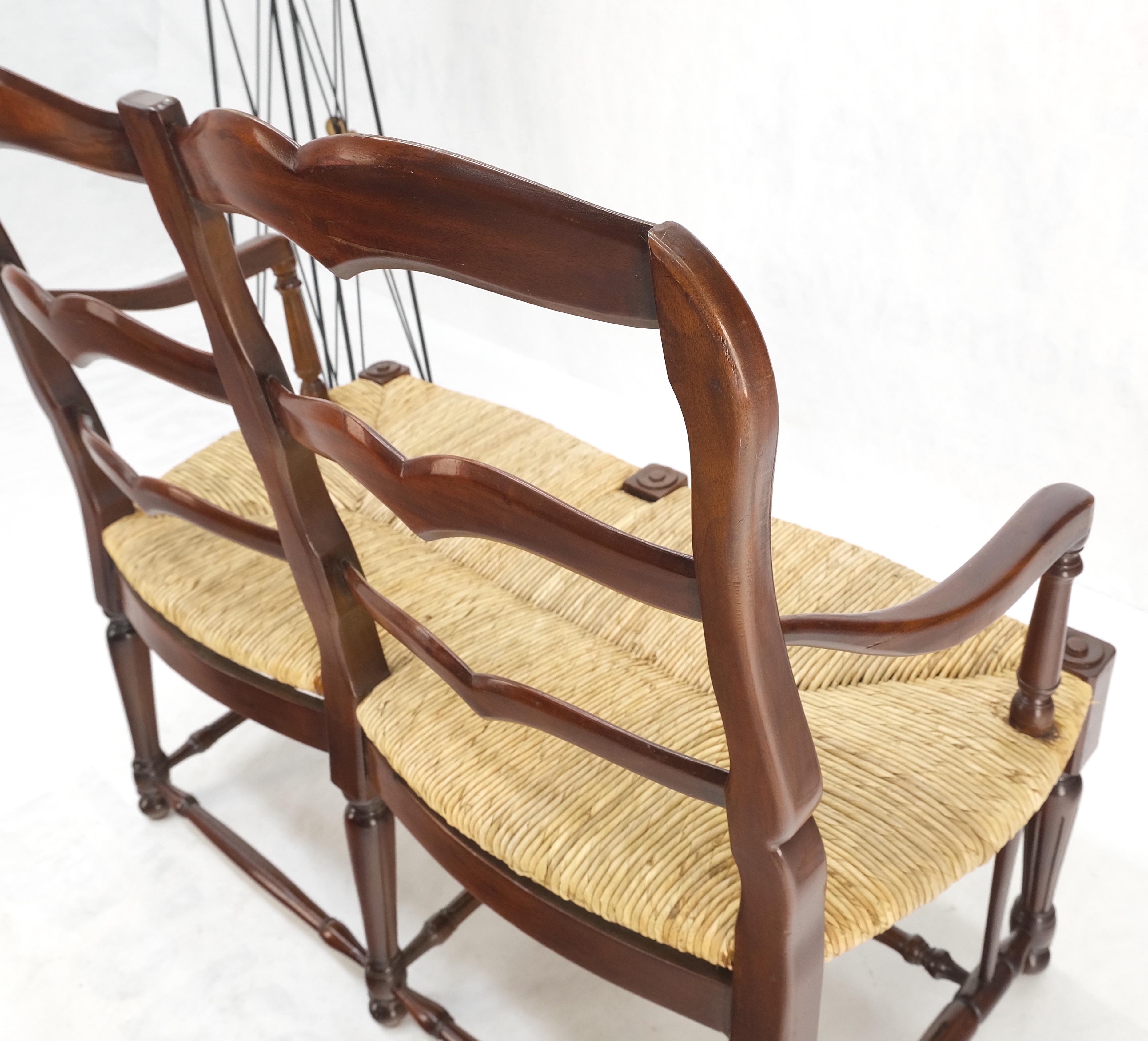 Mid-Century Modern Carved Mahogany Ladder Back Country Rush Seat Loveseat Bench MINT! For Sale