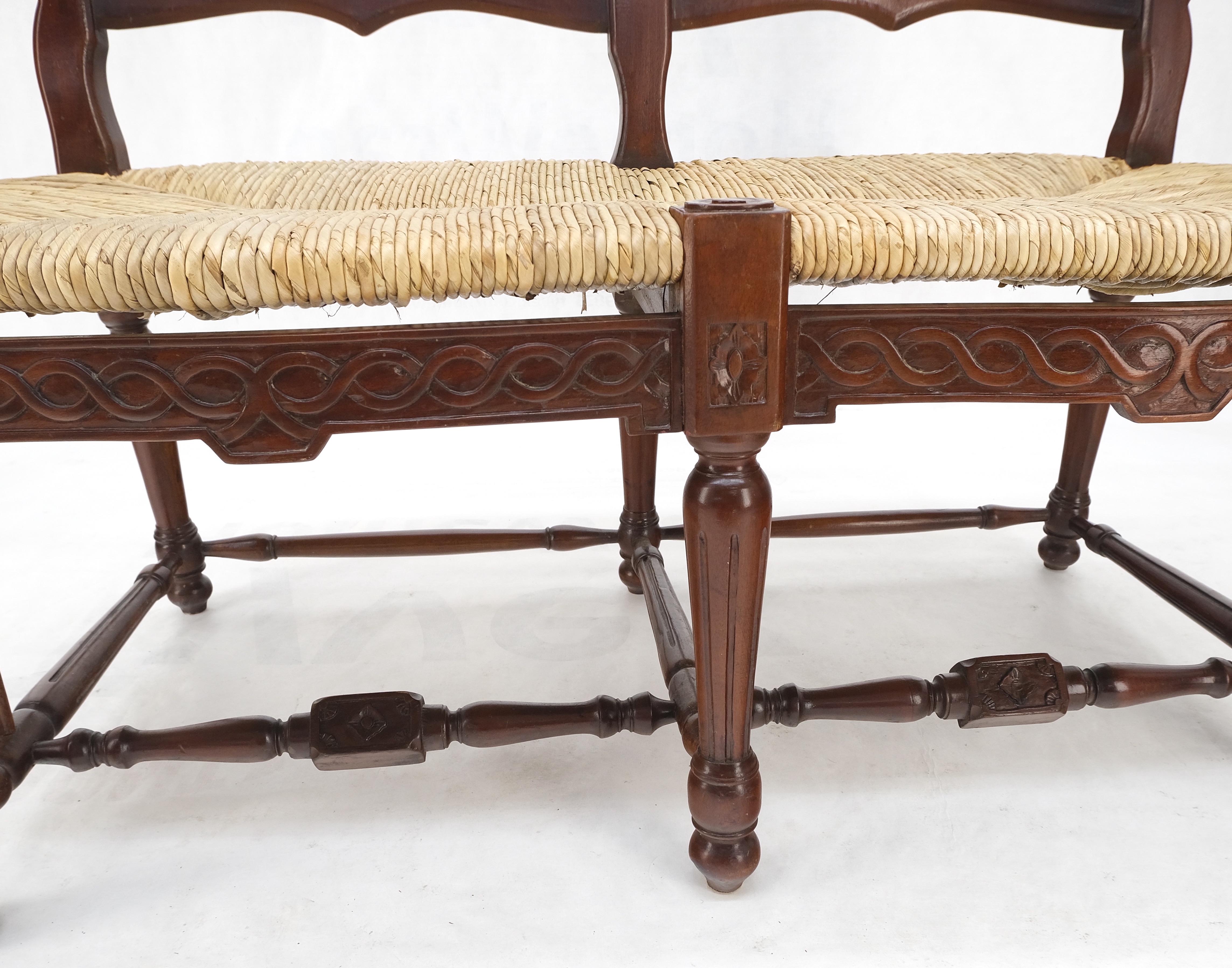 Lacquered Carved Mahogany Ladder Back Country Rush Seat Loveseat Bench MINT! For Sale