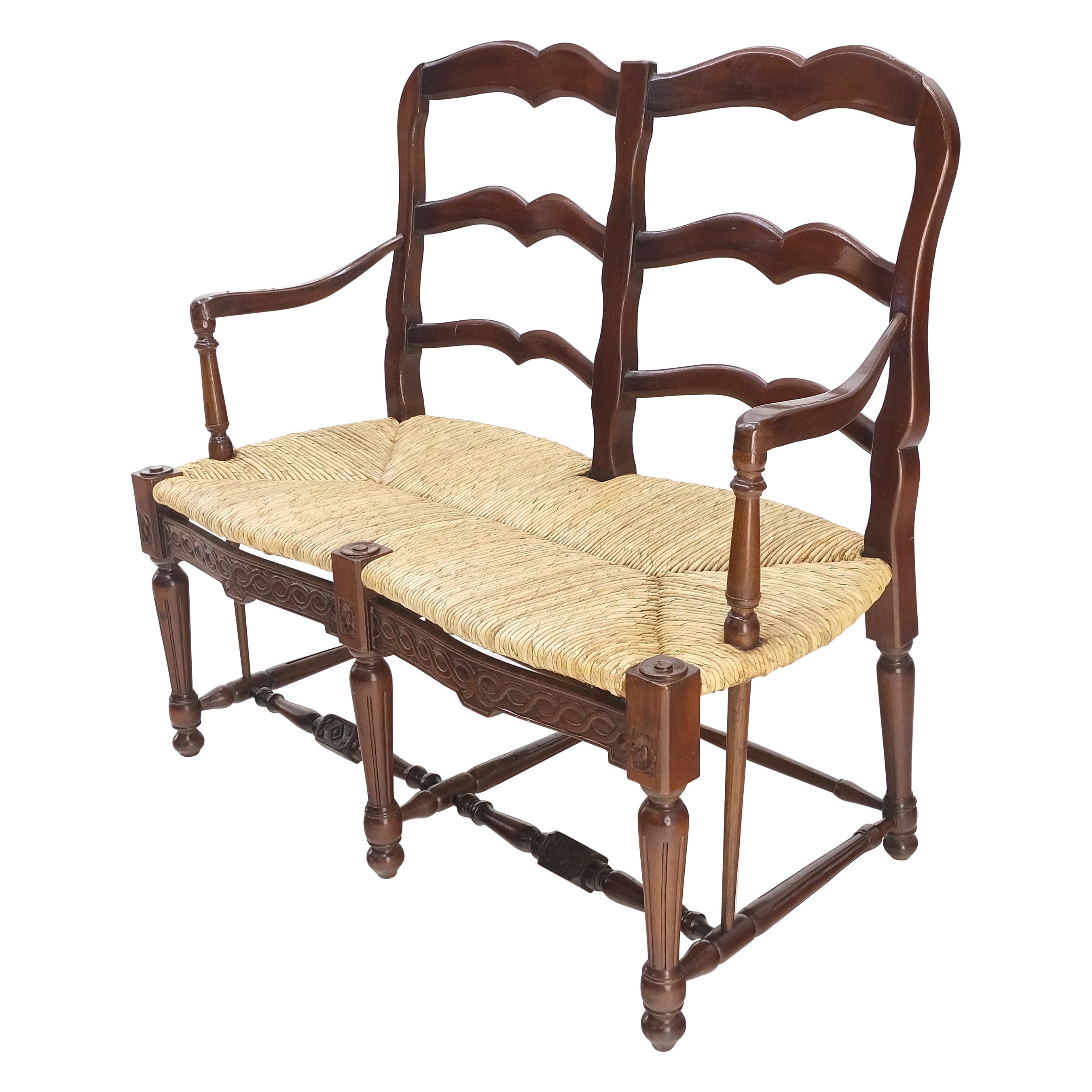 ¡Banco Loveseat con respaldo de escalera de caoba tallada Country Rush Seat MINT!