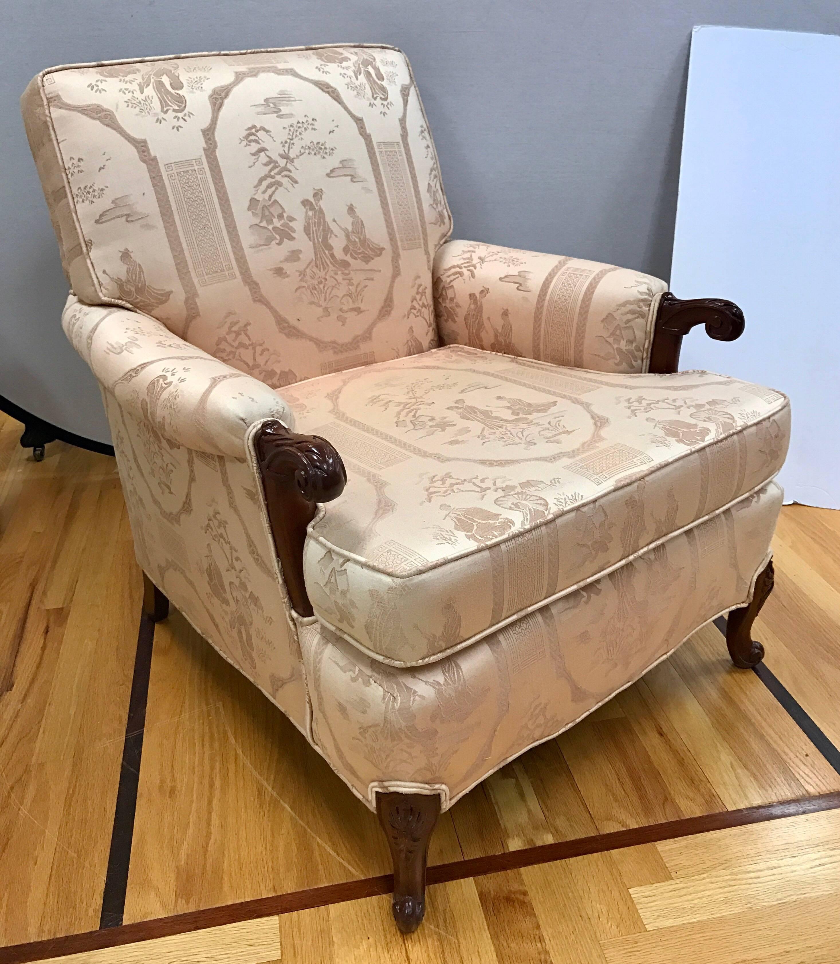 American Carved Mahogany Pink Chinoiserie Chair and Ottoman