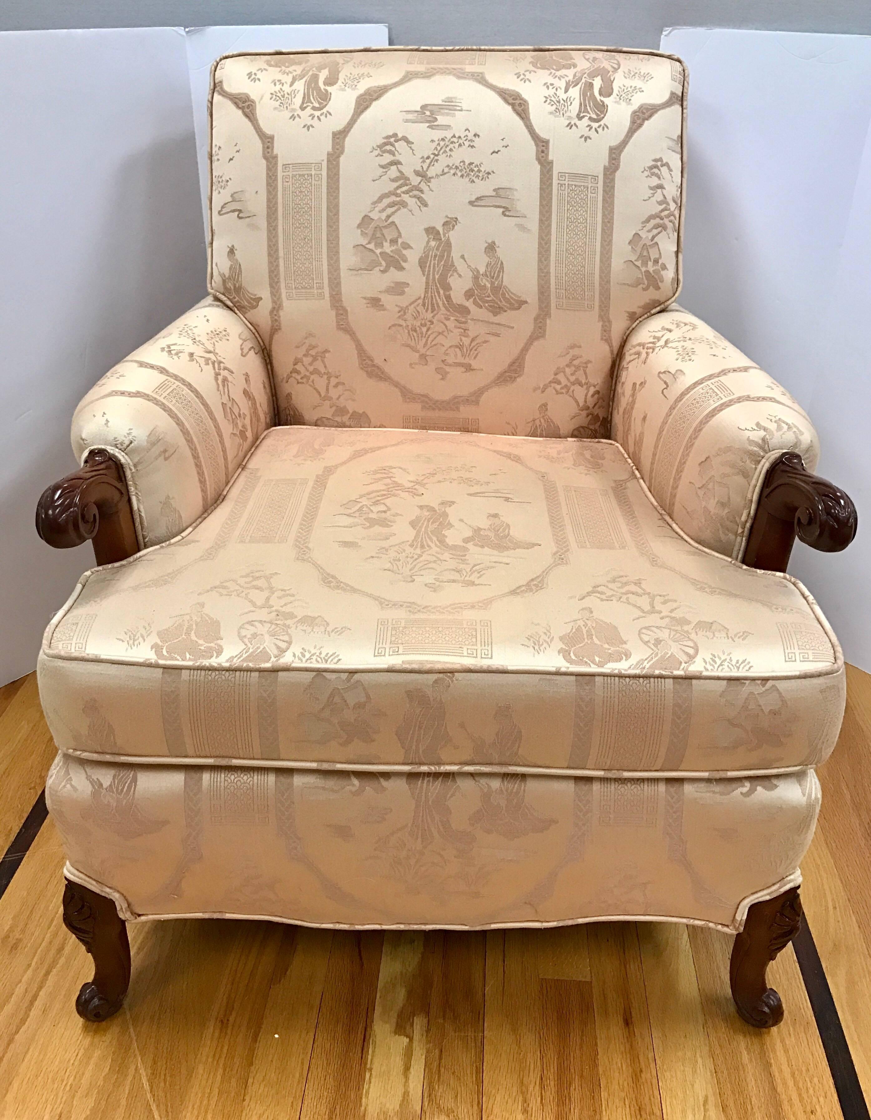 Carved Mahogany Pink Chinoiserie Chair and Ottoman In Good Condition In West Hartford, CT