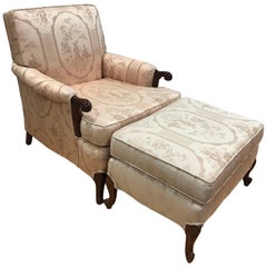 Carved Mahogany Pink Chinoiserie Chair and Ottoman