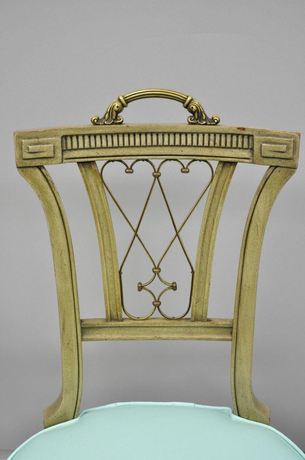 American Carved Mahogany Regency Style Chair with Brass Handle and Aqua Blue Vinyl 'B' For Sale