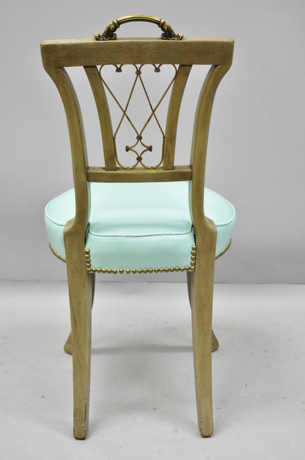 Carved Mahogany Regency Style Chair with Brass Handle and Aqua Blue Vinyl 'B' For Sale 1